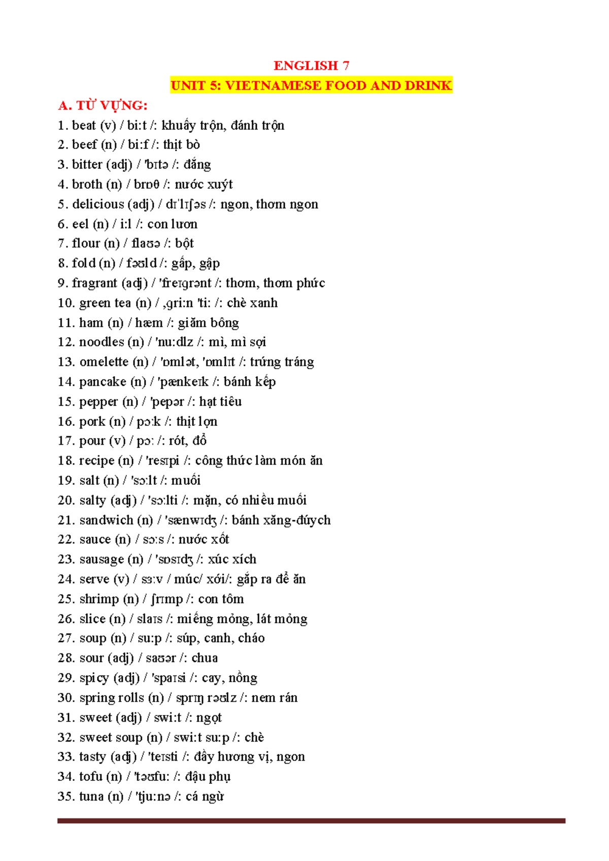 ENGLISH 7 UNIT 5: VIETNAMESE FOOD AND DRINK VOCABULARY & EXERCISES ...