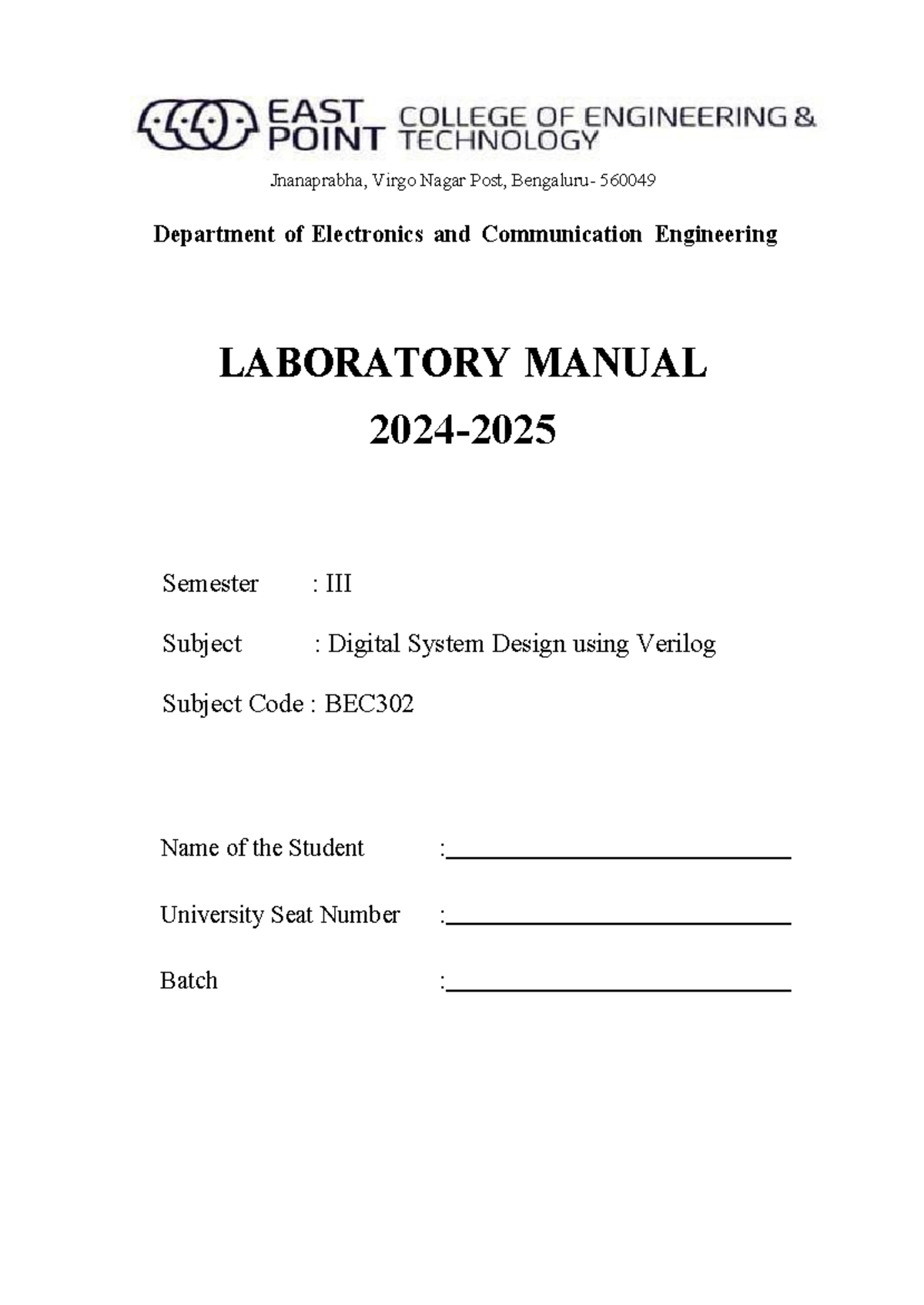 LAB MANUAL FOR DIGITAL SYSTEM DESIGN USING VERILOG (BEC302) 2024-25 ...