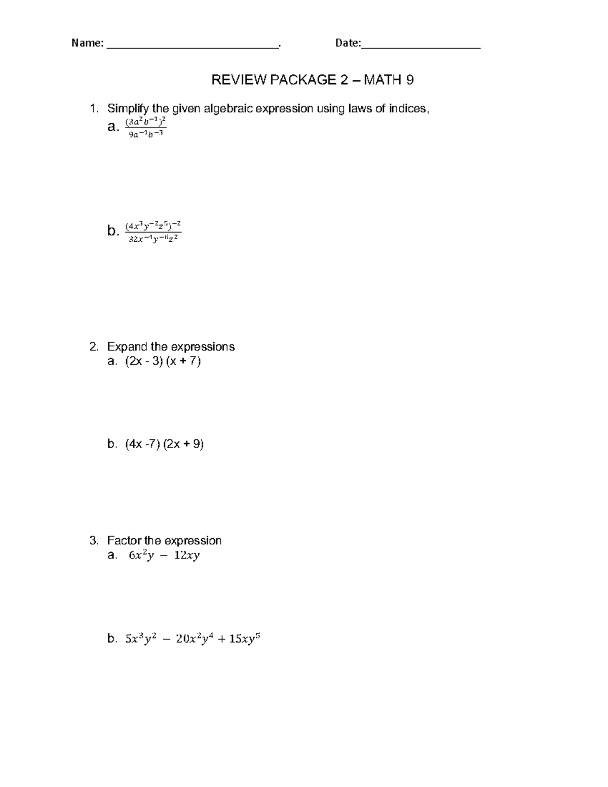 Revision Package 2 - MATH 9: Algebraic Expressions & Indices - Studocu