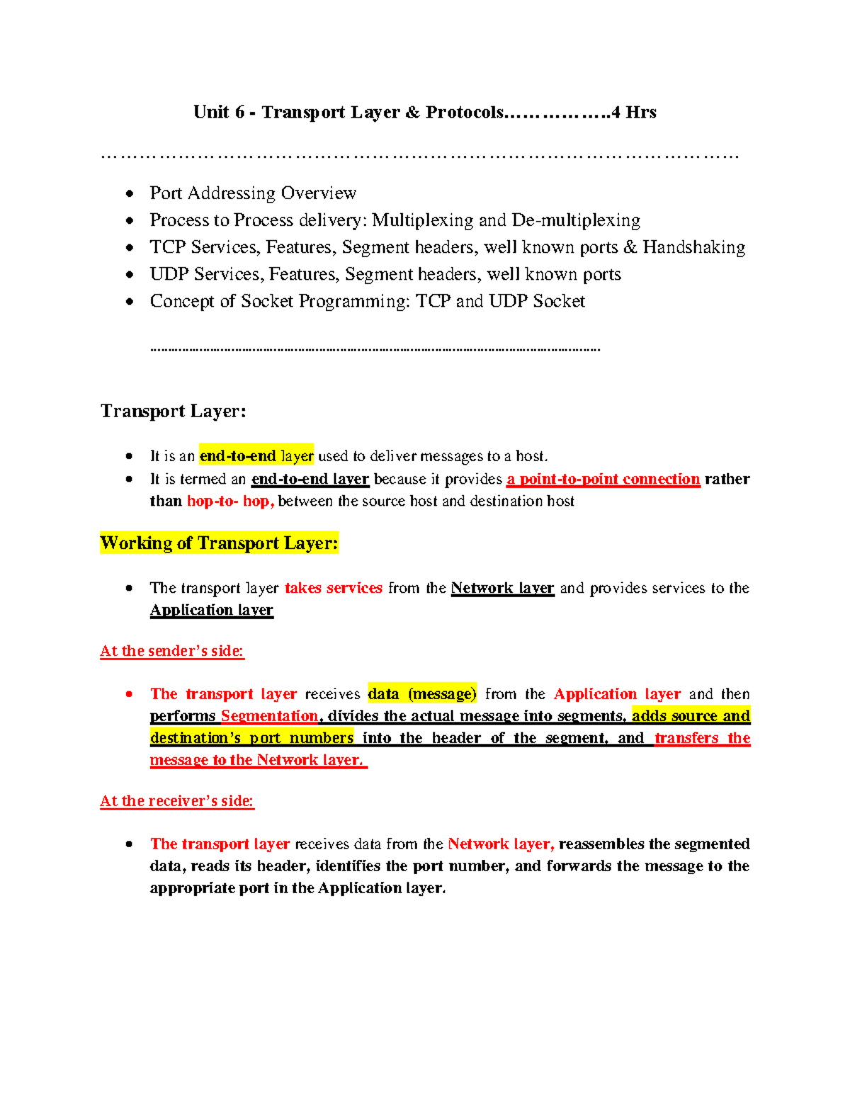Unit 6 - Transport Layer: TCP/UDP Overview & Socket Programming - Studocu