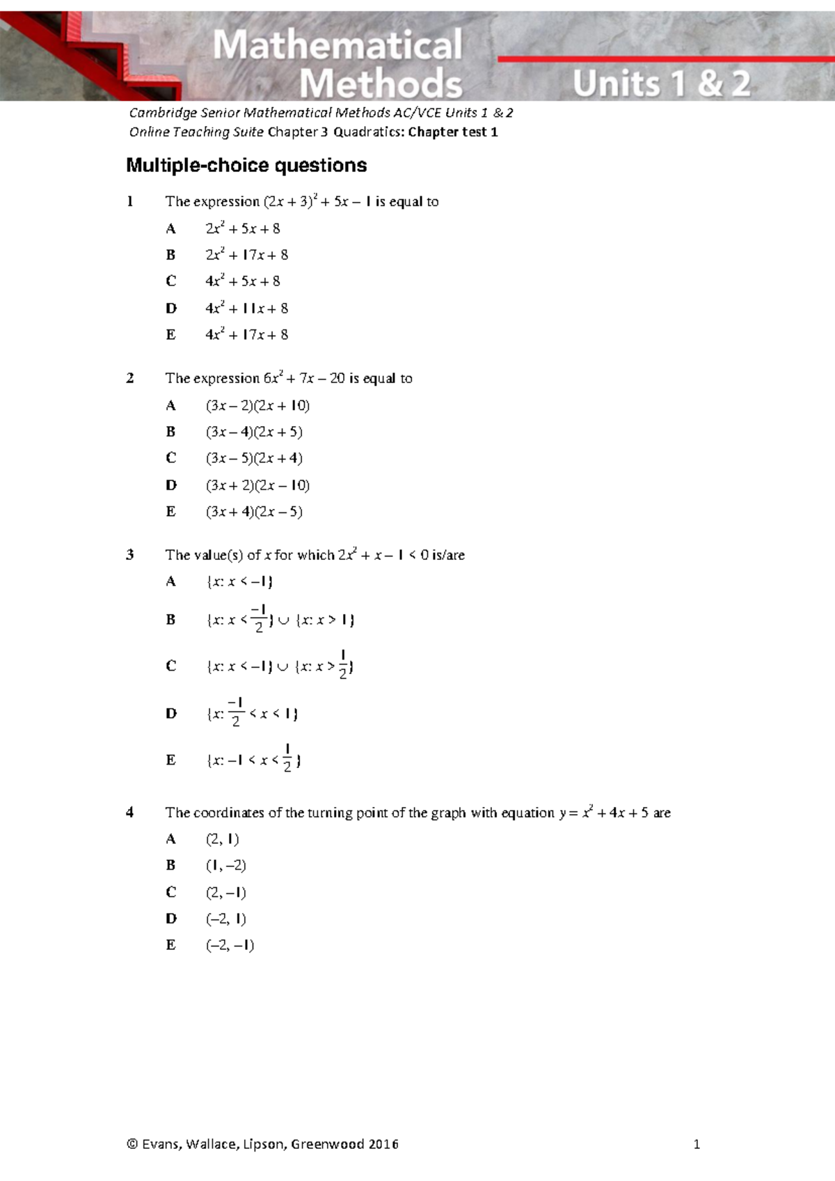 Cambridge Senior Mathematical Methods Units 1 2 Chapter 3 Quadratics ...