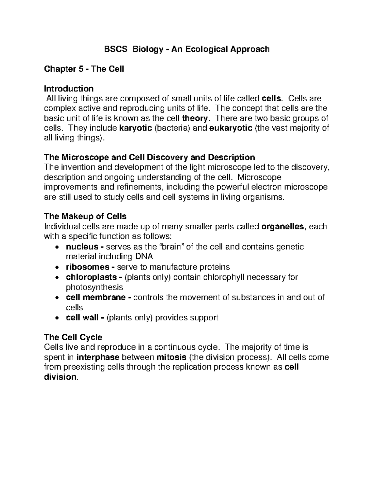 BSCS Biology Chapter 5: Overview of Cell Structure and Function - Studocu