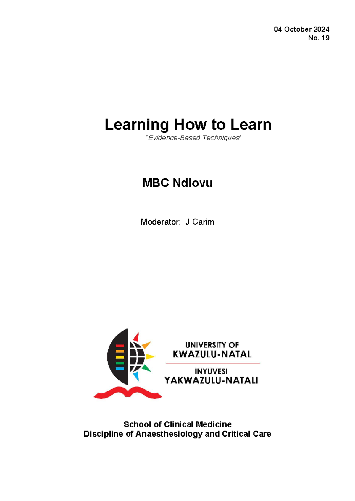2024 10 04 Learning How to Learn: Techniques & Strategies MBC - Studocu