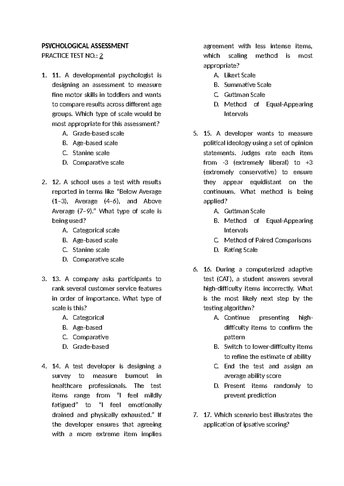PSY 101 Psychological Assessment Practice Test No. 2 with Answers - Studocu
