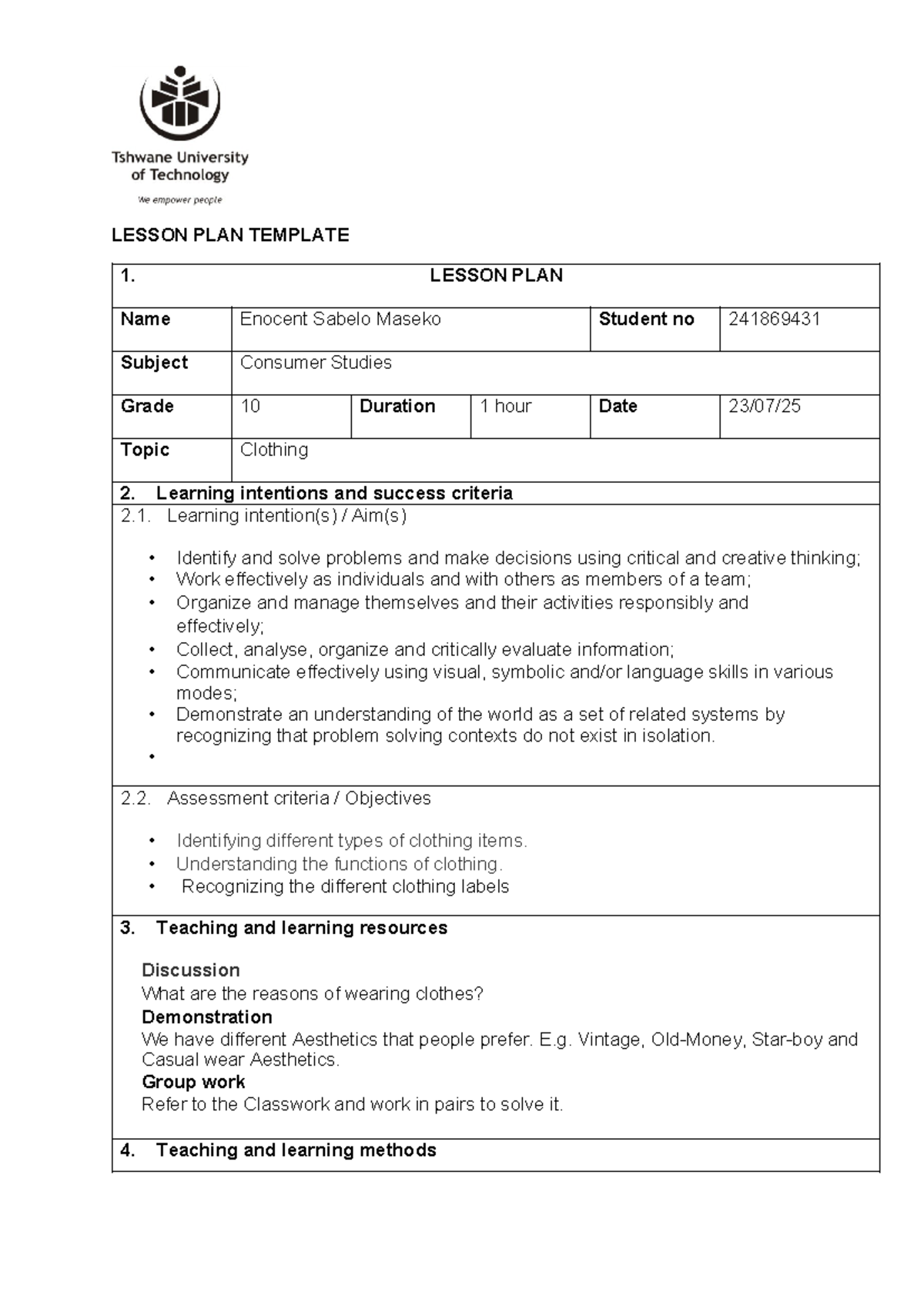 Grade 10 Consumer Studies Lesson Plan: Clothing Choices and Quality ...