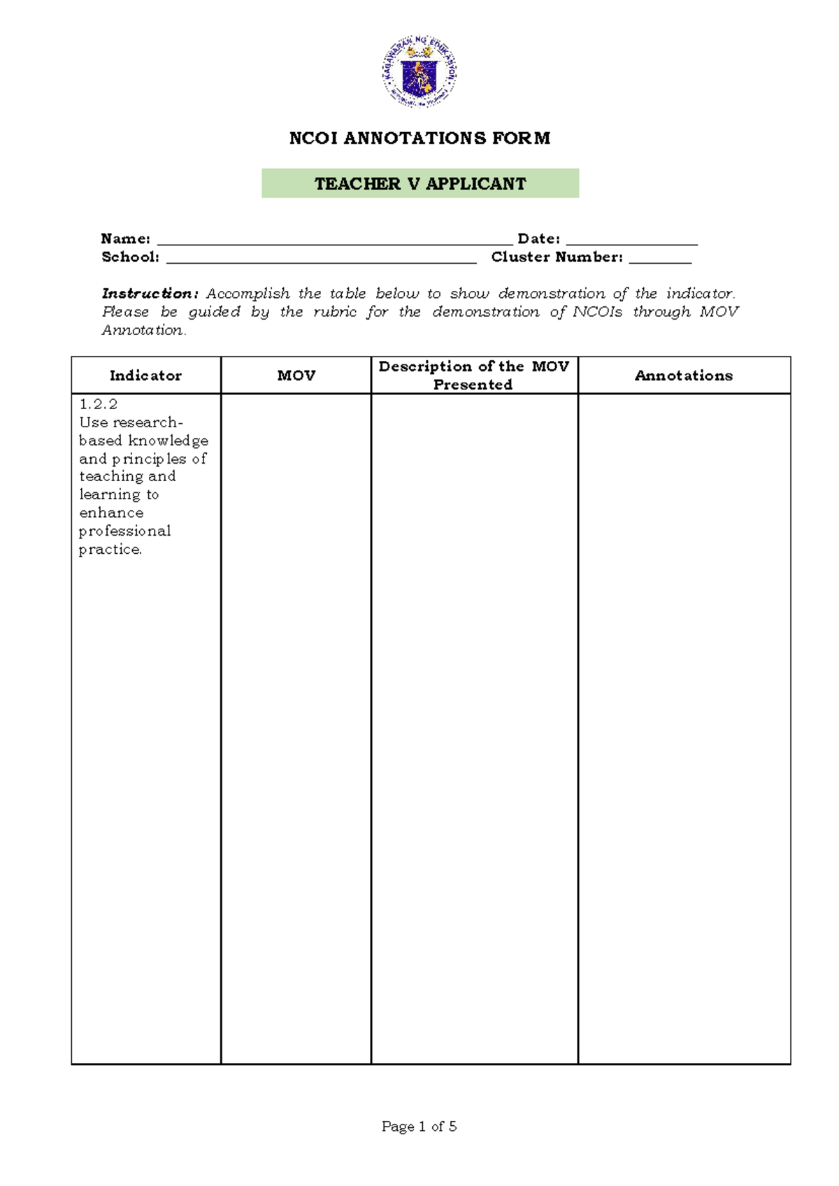 NCOI Annotations Form for Teacher V Applicant Evaluation - Studocu