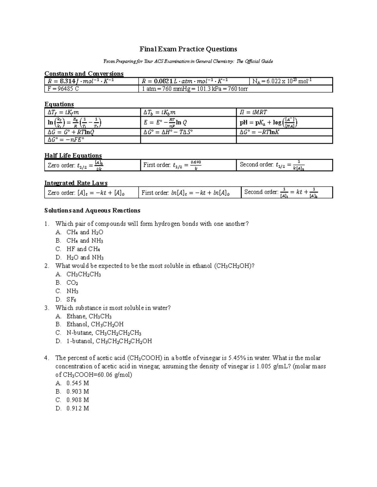 Final Exam Practice Questions for ACS General Chemistry (CHEM 101 ...