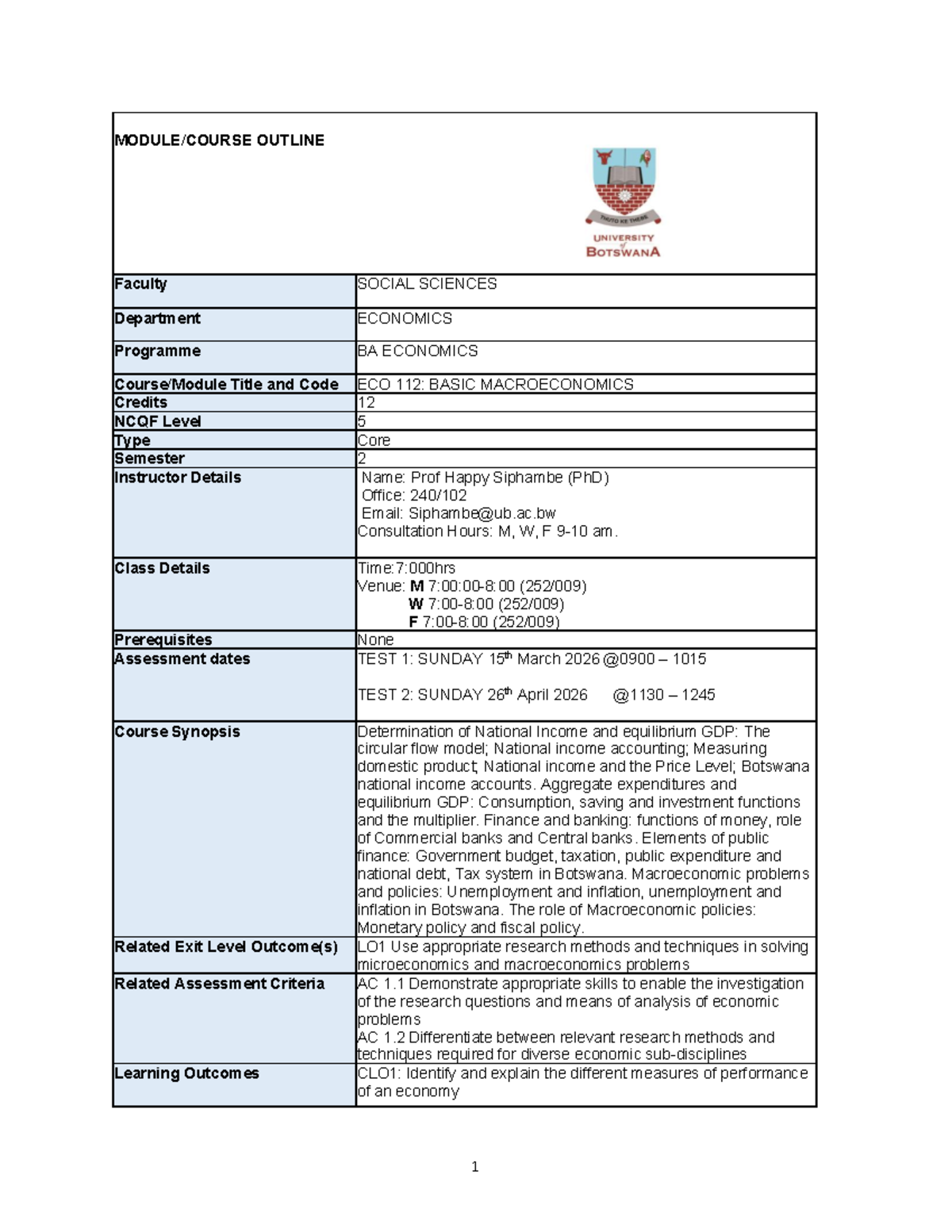 BQA ECO 112: Basic Macroeconomics Course Outline and Assessment Details ...