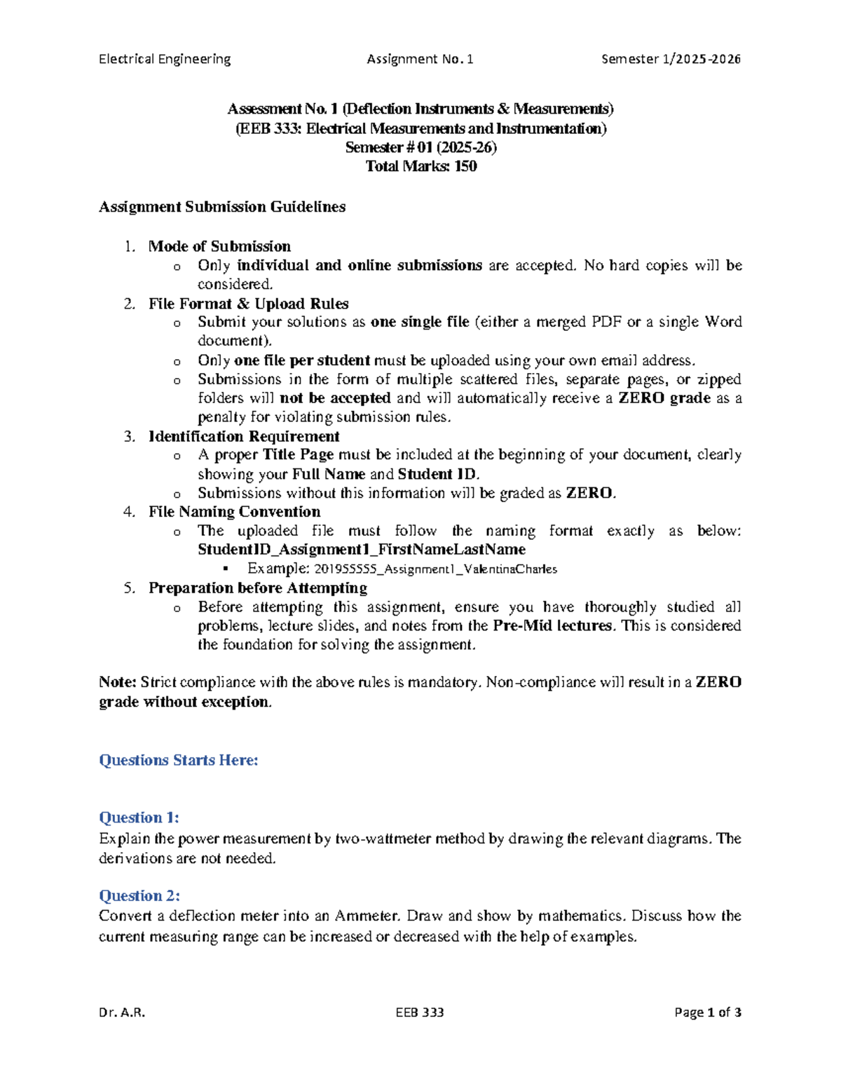 EEB Electrical Measurements & Instrumentation Assignment 1: Deflection ...