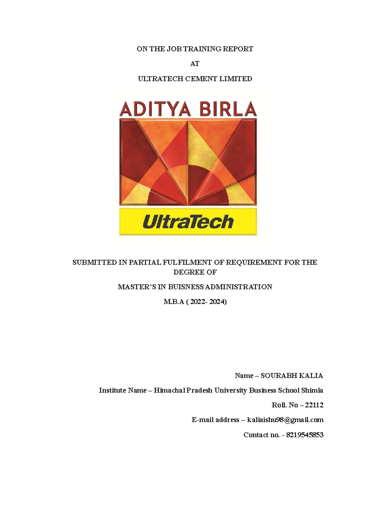 Internship Report on Market Research at Ultratech Cement Ltd. (MBA 2022 ...