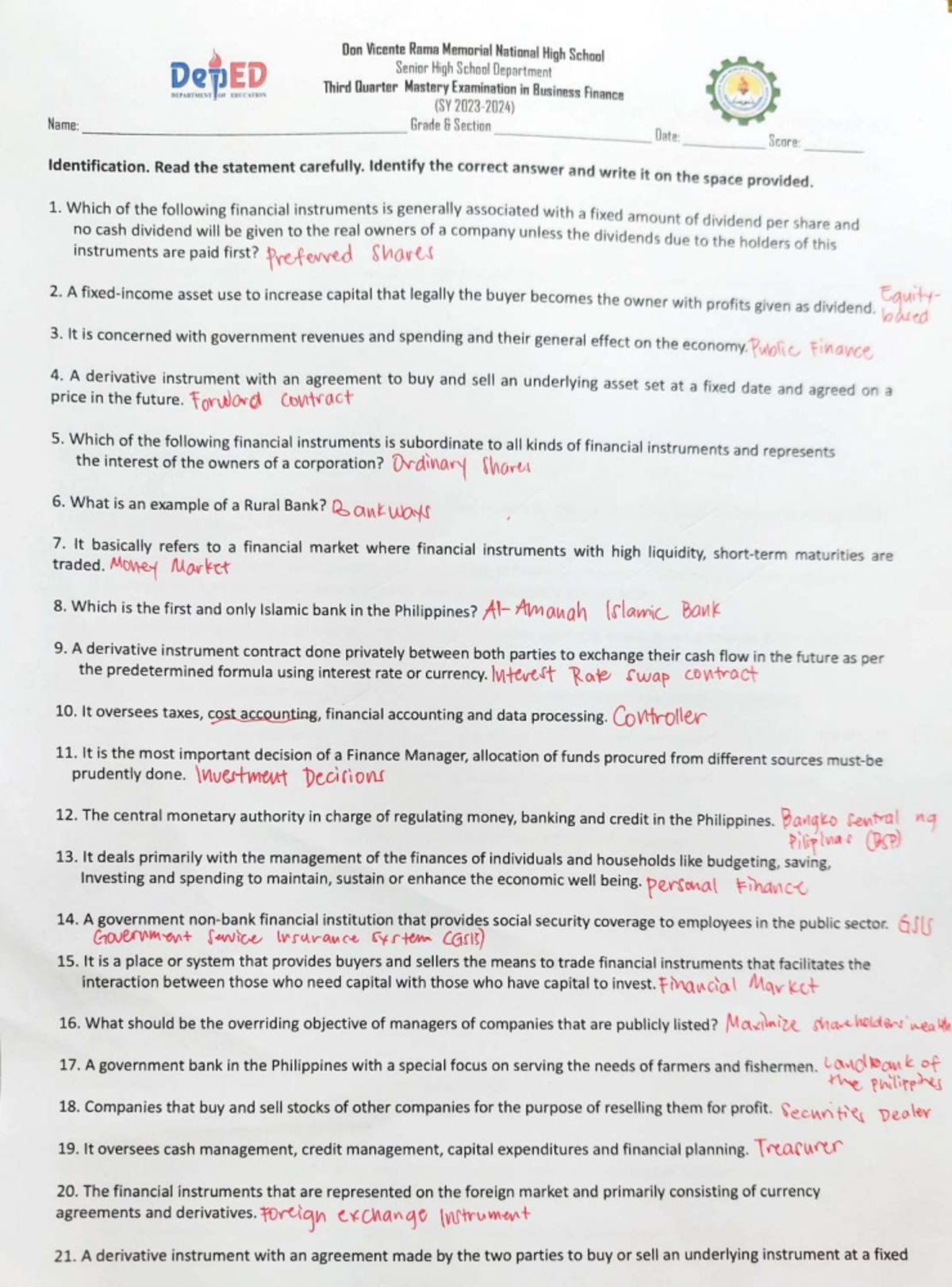 Business Finance (SY) 3rd Quarter Mastery Exam Reviewer - Lecture Notes ...