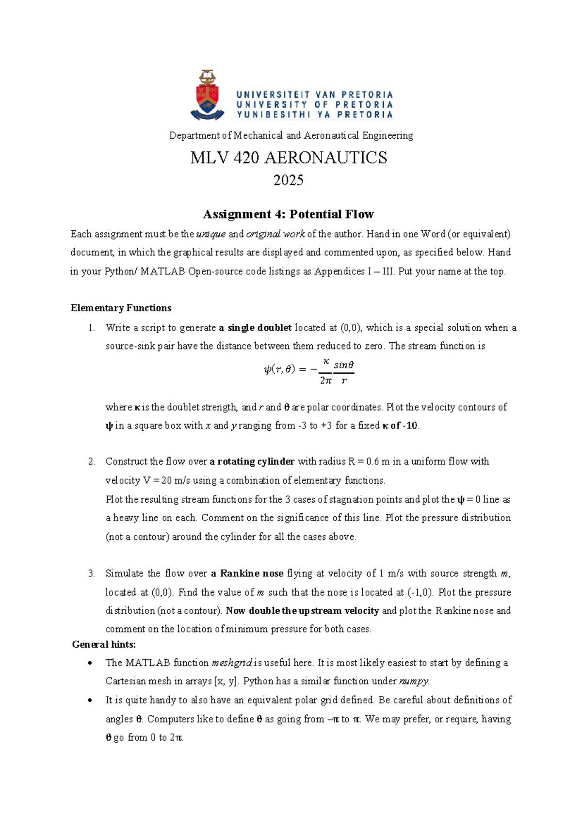 MLV 420 AERONAUTICS 2025 Assignment 4: Potential Flow Analysis - Studocu