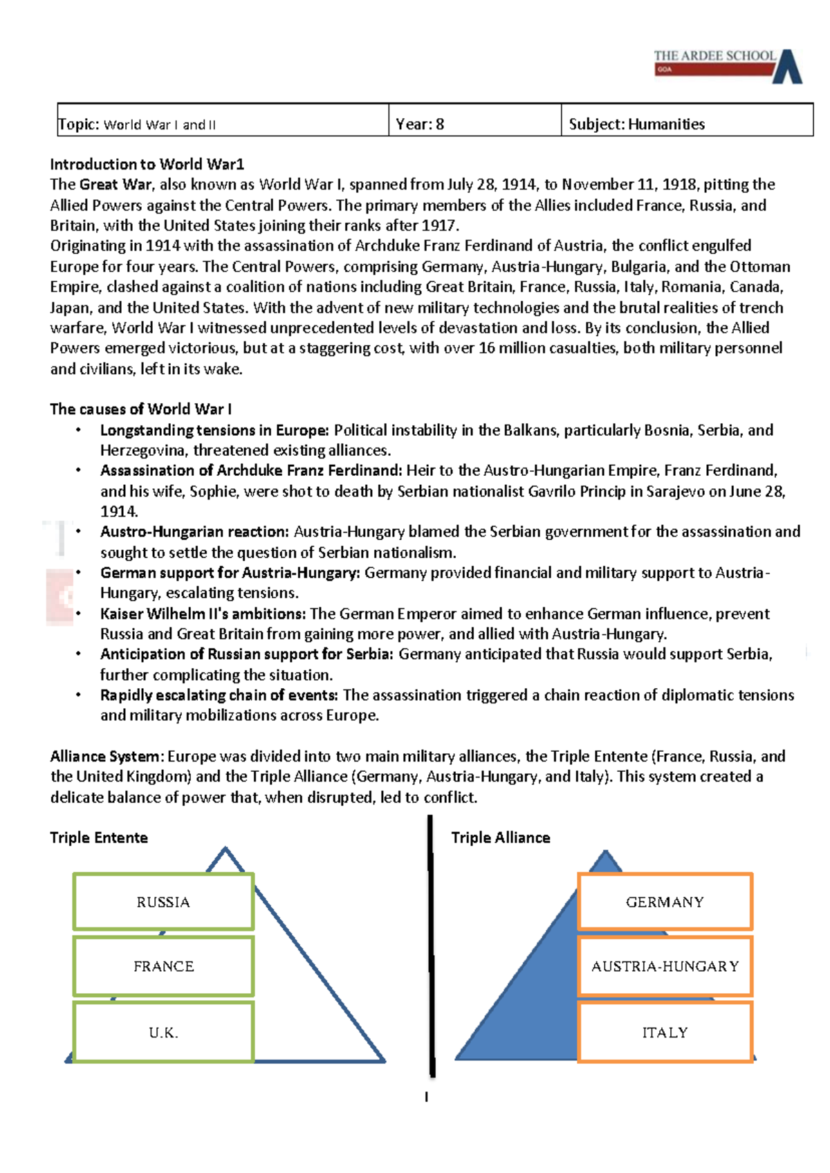 Y8 W1and2 notes - Topic: World War I and II Year: 8 Subject: Humanities ...