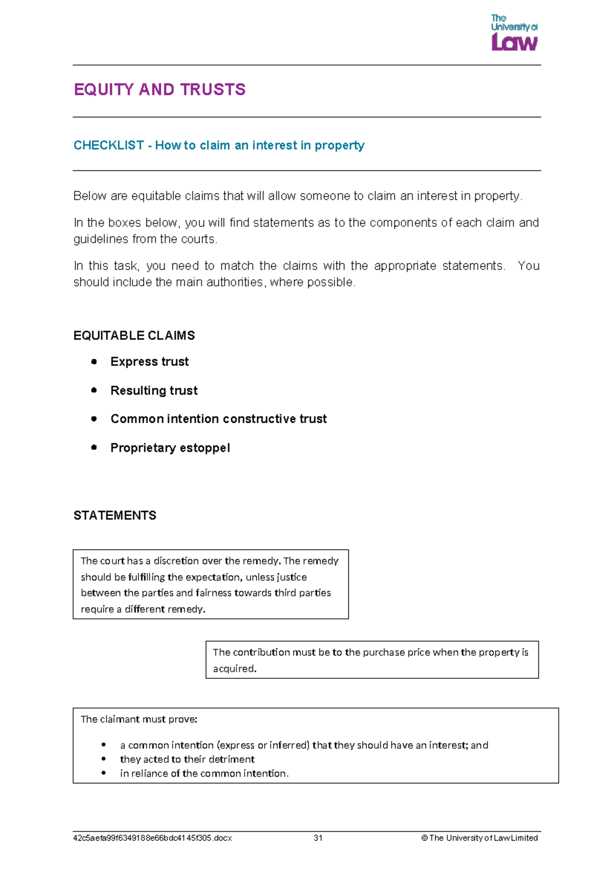 EQUITY AND TRUSTS CHECKLIST: Claims to Property Interests (2425 EQTR ...
