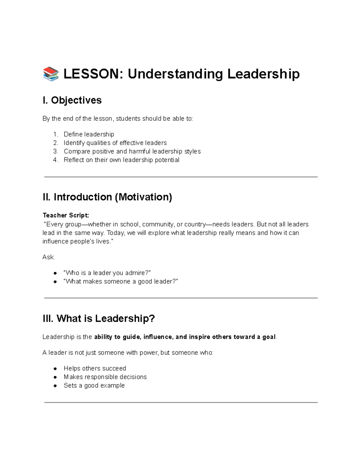 LESSON: Understanding Leadership - Key Concepts and Qualities - Studocu