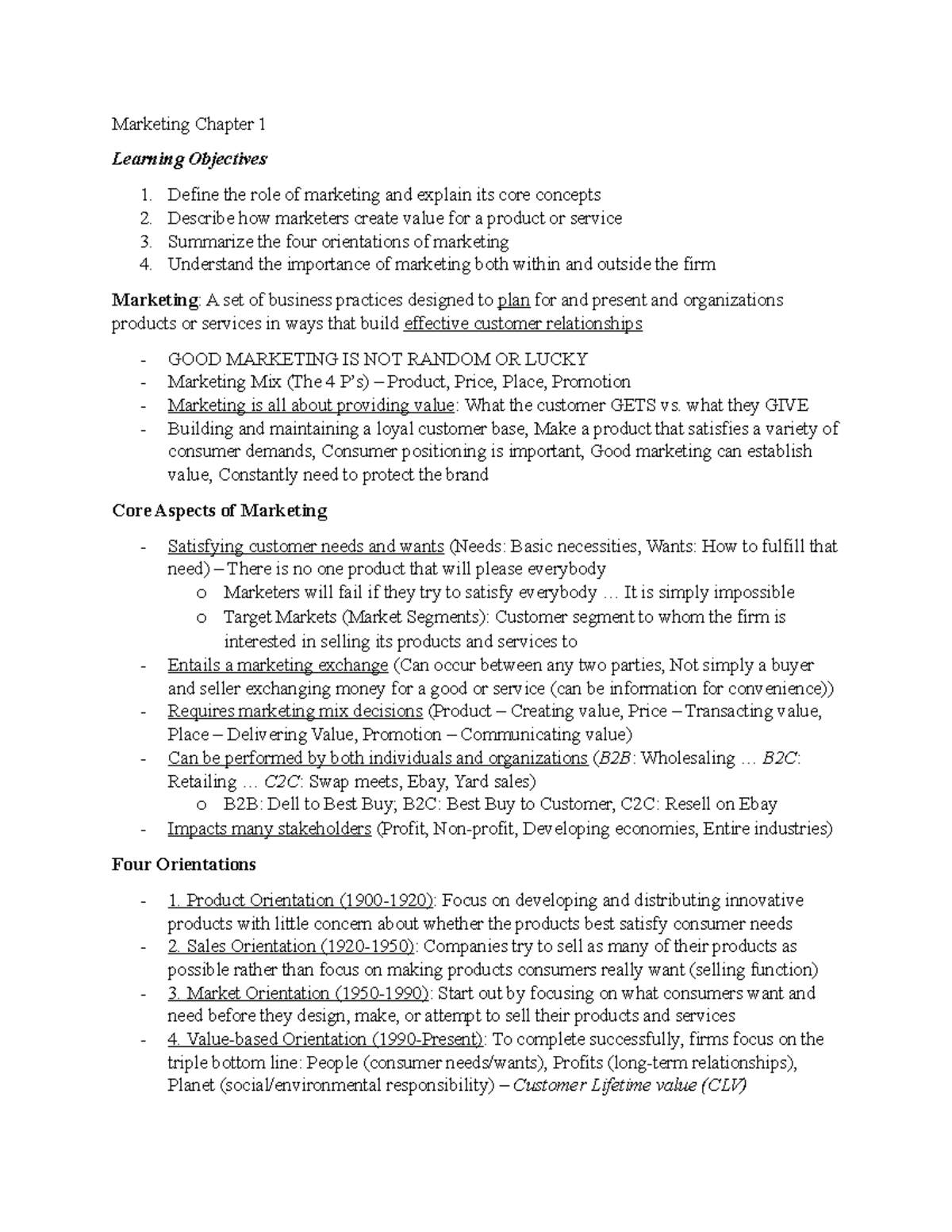 Marketing Chapter 1 - Notes - Marketing Chapter 1 Learning Objectives 1 ...