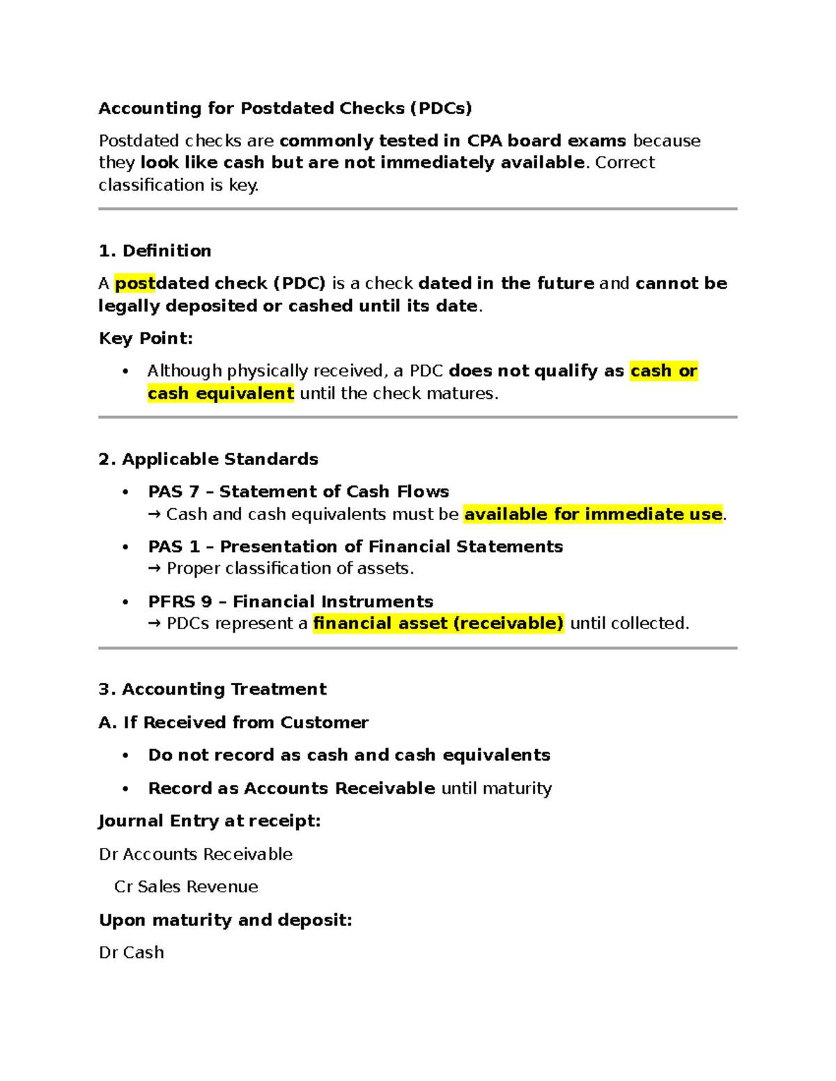 Accounting for Postdated Checks (PDCs): Key Concepts & Exam Tips - Studocu