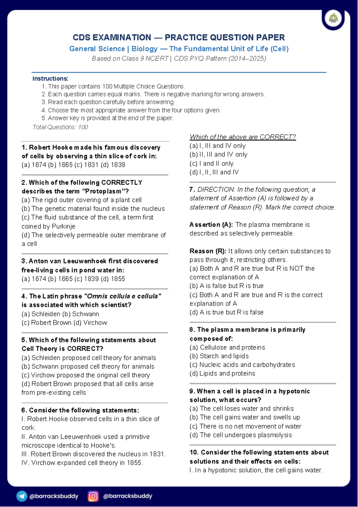 CDS BIOLOGY FINAL EXAMINATION PRACTICE: TOP 100 QUESTIONS - Studocu