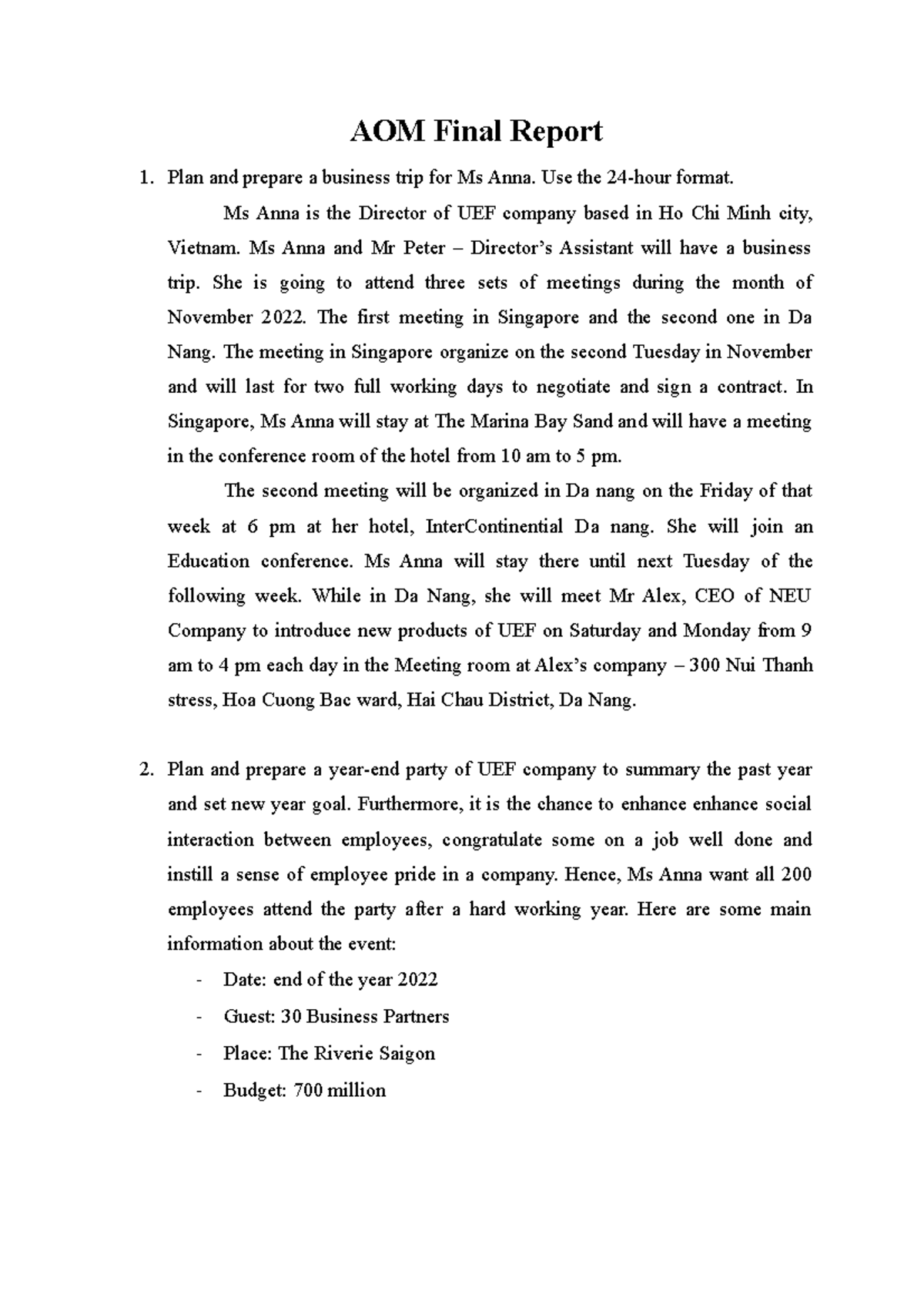 AOM Final Report: Business Trip Planning for Ms. Anna and Year-End ...