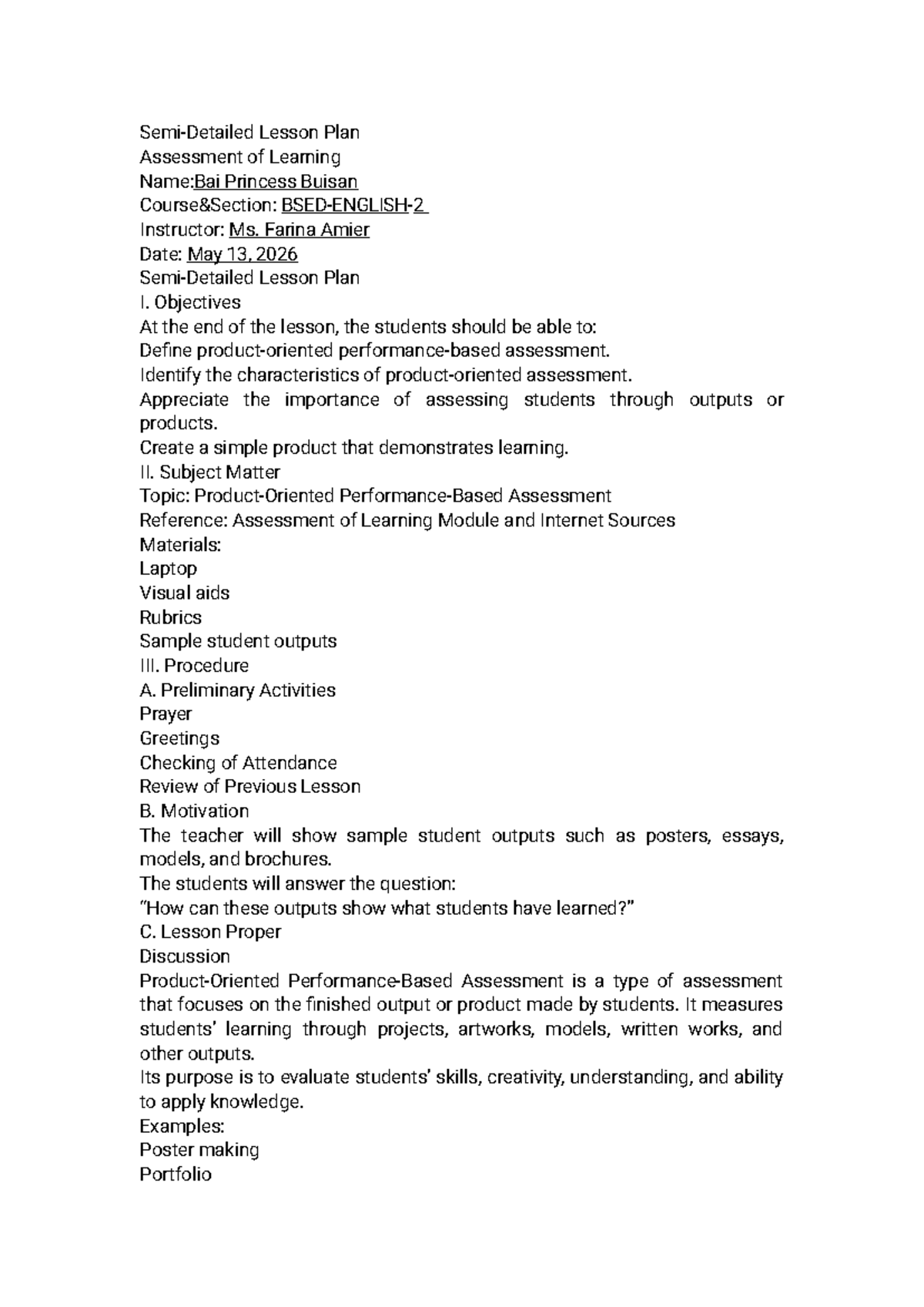 AoL 101 Final Lesson Plan: Assessment of Learning - Studocu