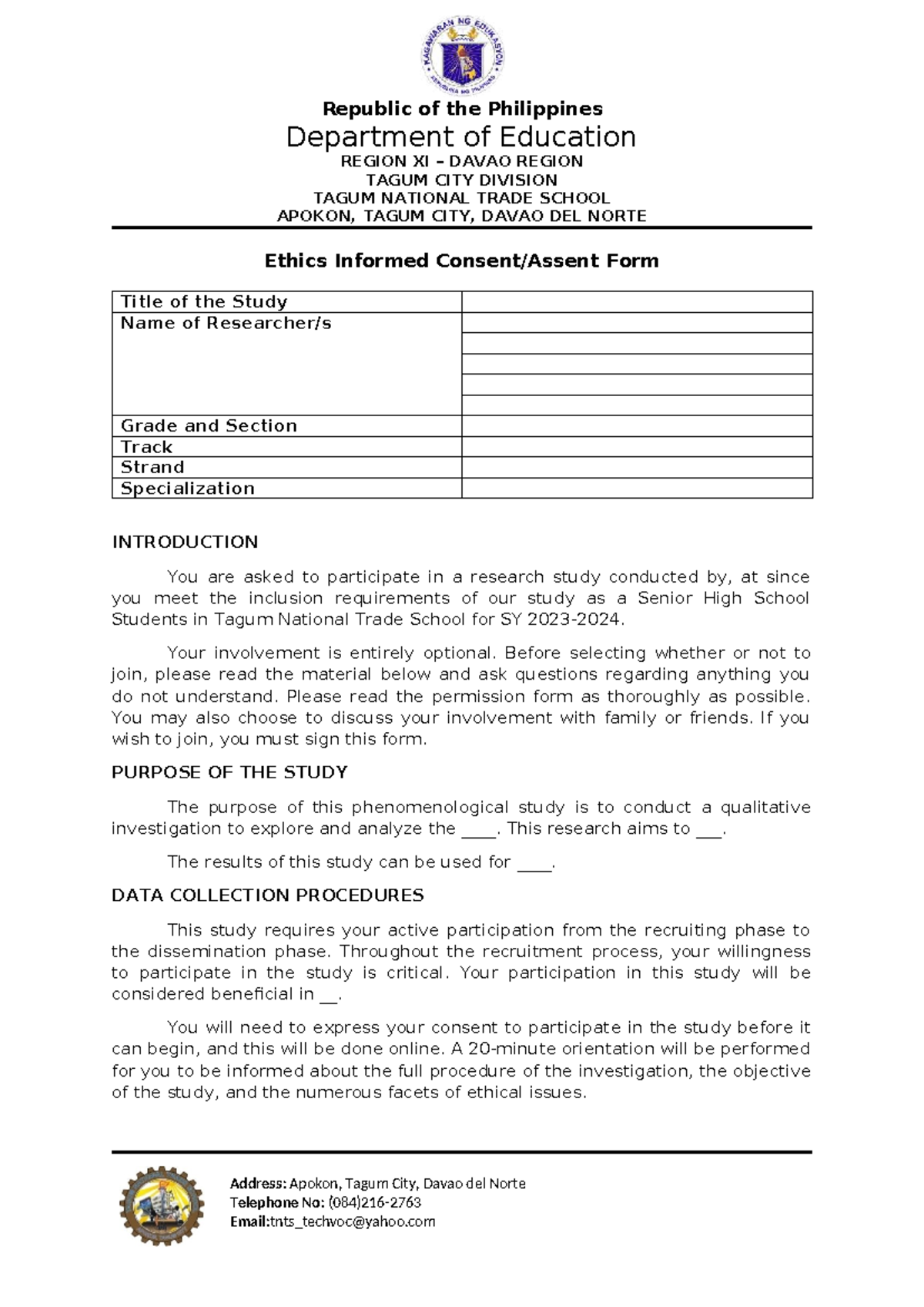 Informed Consent Form for Research Study - Senior High School Ethics ...