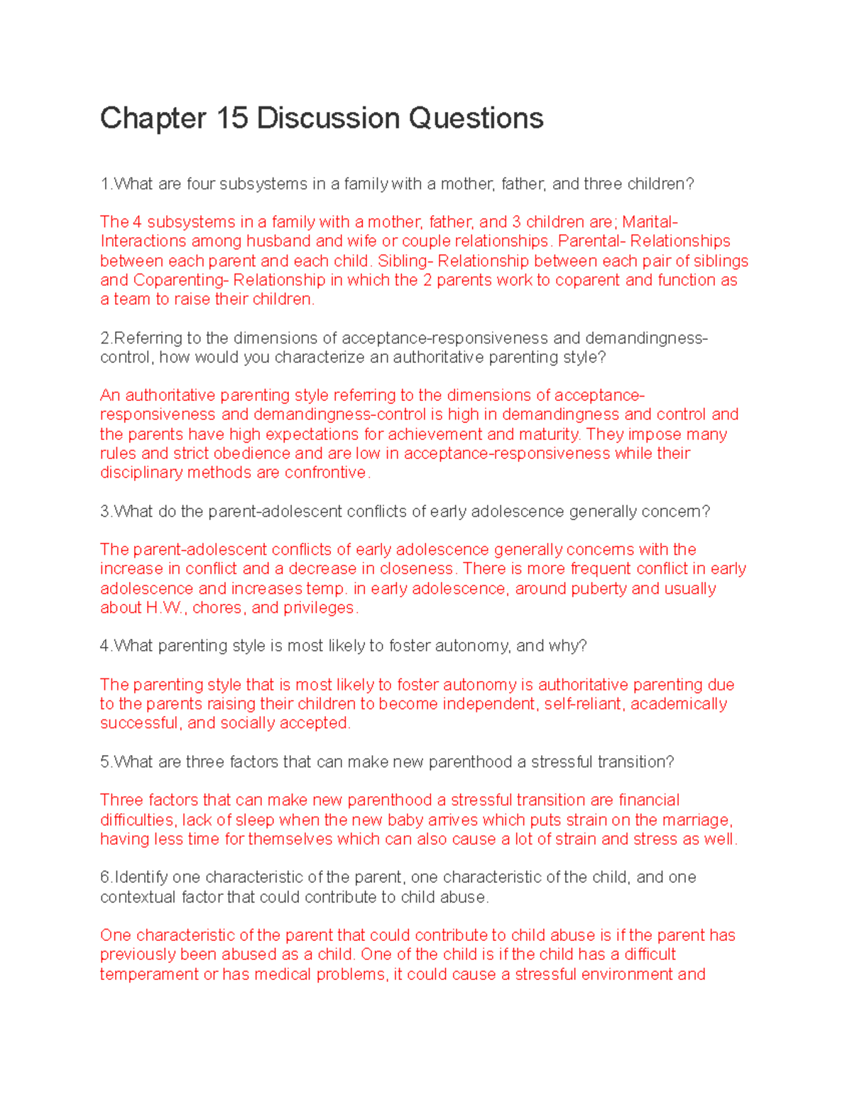 Chapter 15 Discussion Questions on Family Dynamics and Parenting Styles ...