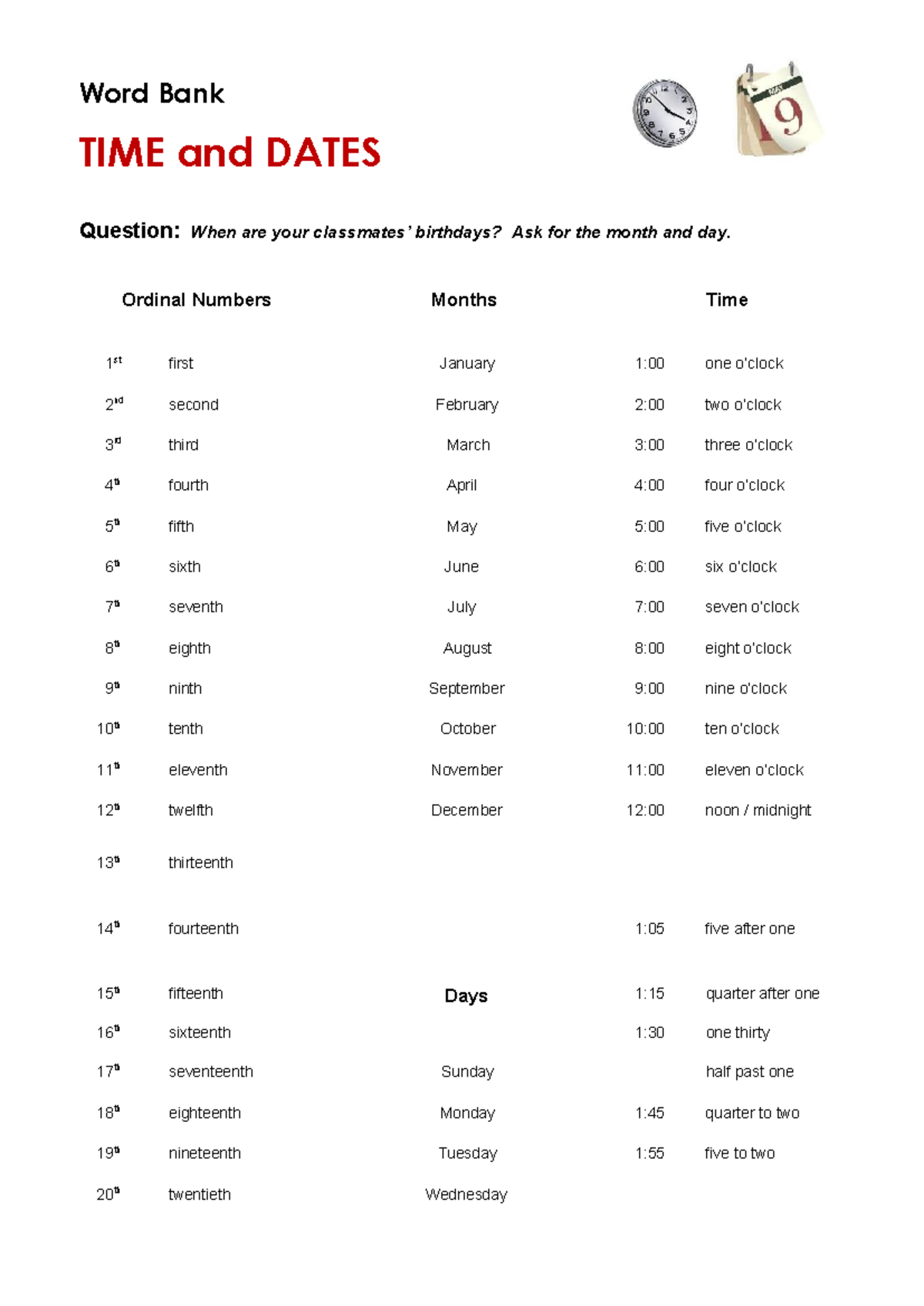 Word Bank: TIME and DATES - Questions & Answers - Studocu