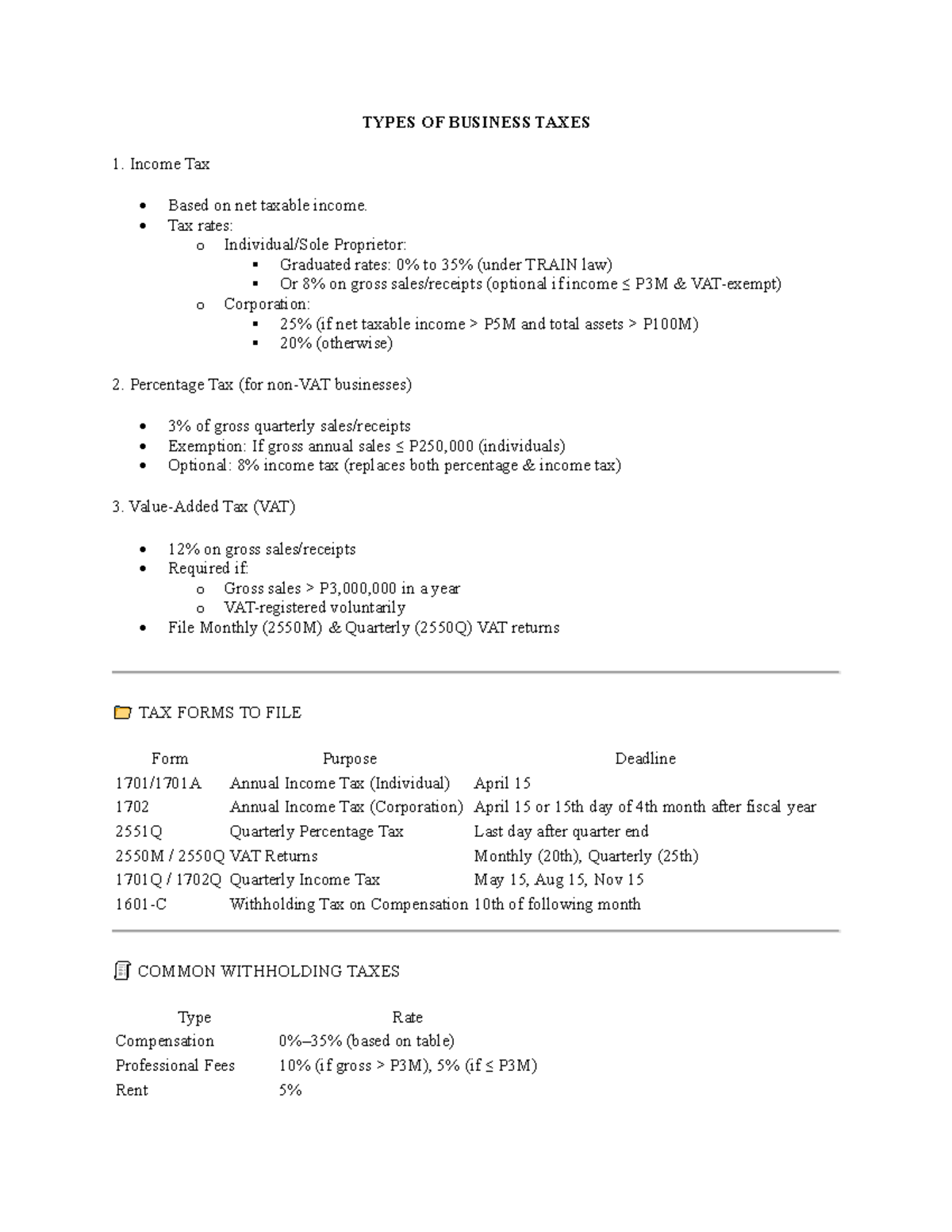 Business Tax Notes: Types, Rates, and Filing Deadlines - Studocu
