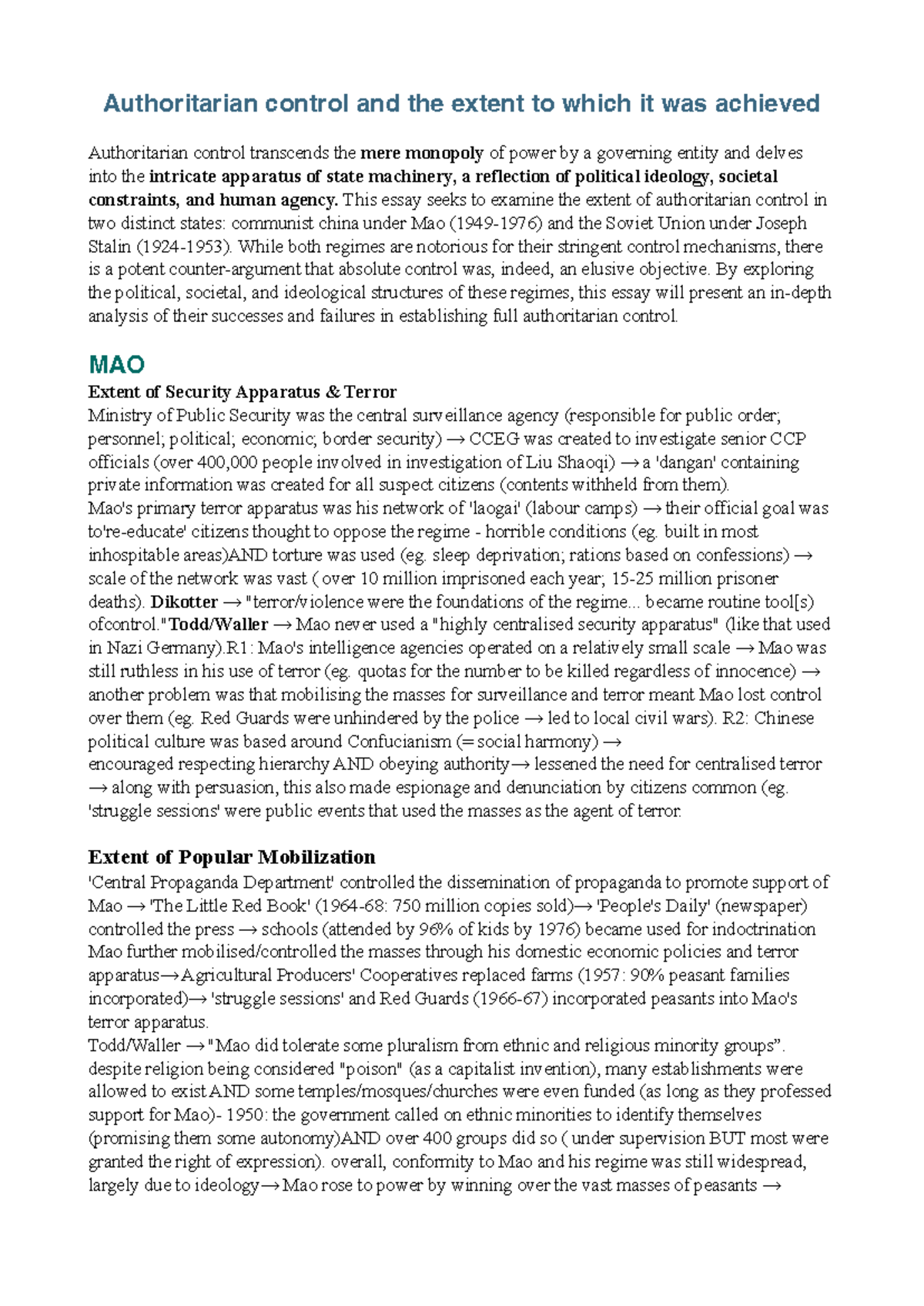 Authoritarian control and the extent to which it was achieved ...