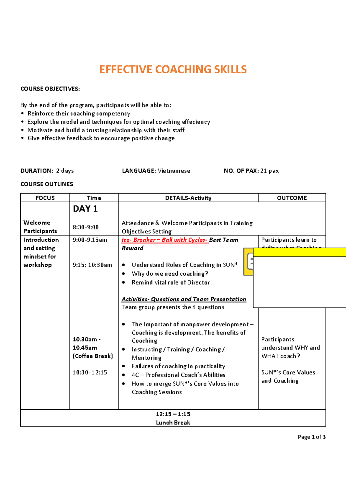 EFFECTIVE COACHING SKILLS: Lesson Plan for Course 2 Days - Studocu