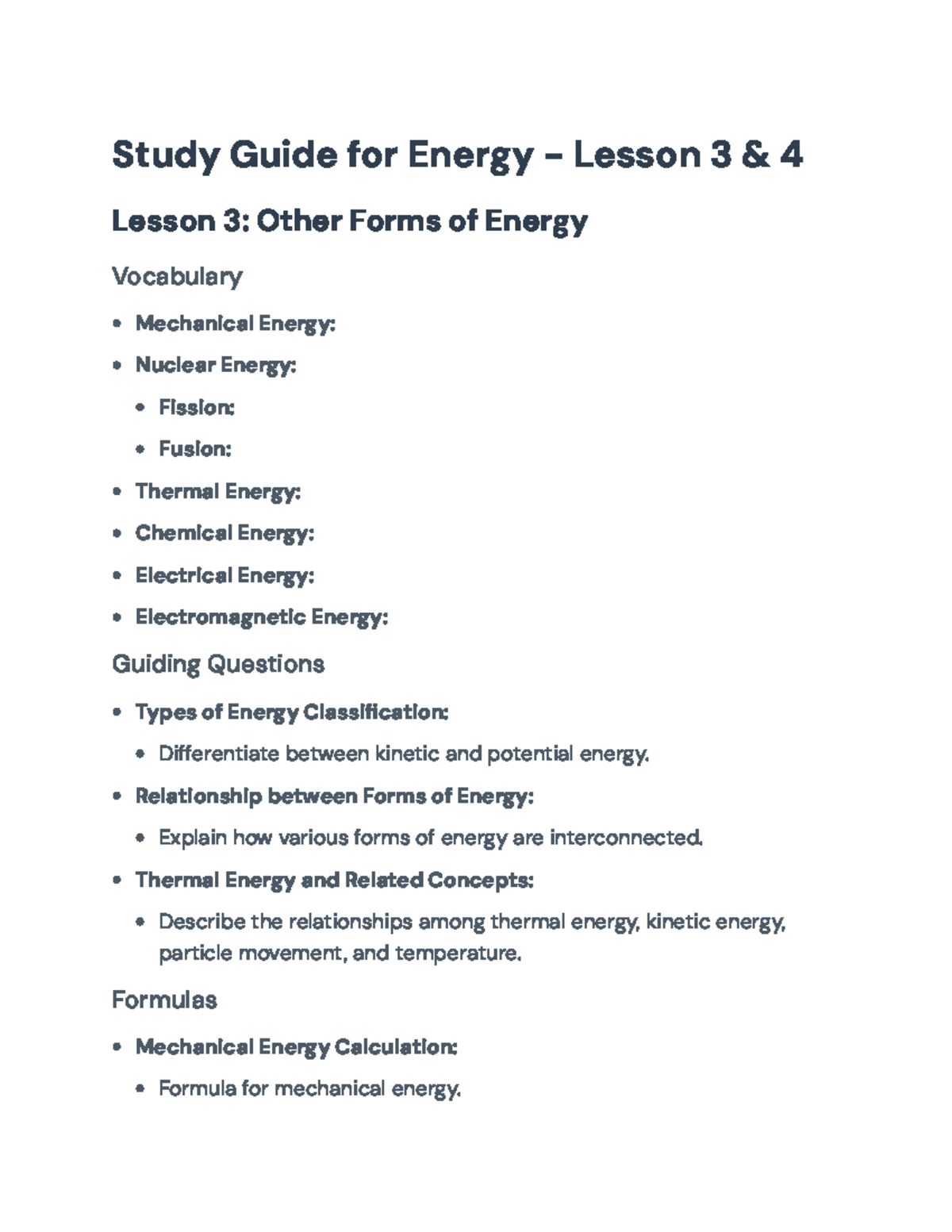 Study Guide for Energy - Lesson 3 & 4 Concepts and Applications - Study ...