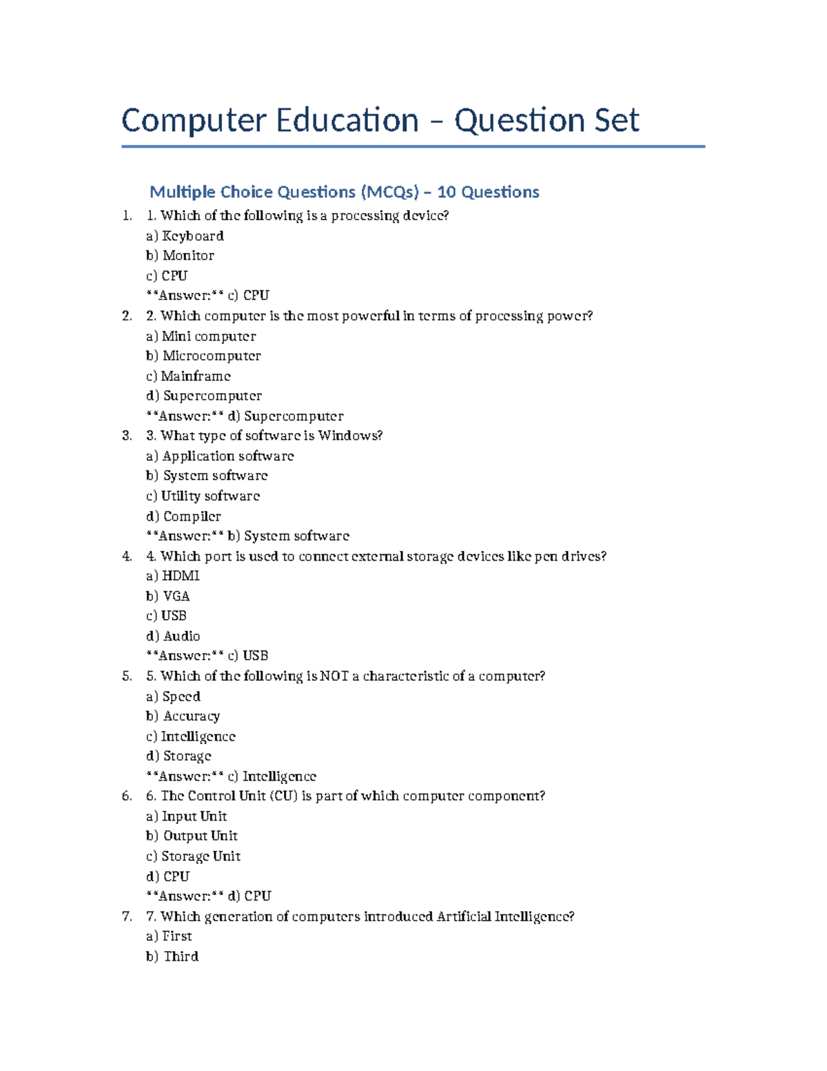Computer Education MCQs Set for Final Exam (10 Questions) - Studocu