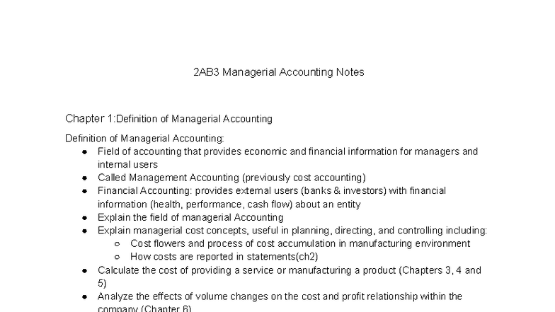 2AB3 Managerial Accounting Notes: Chapter 1 Overview and Key Concepts ...