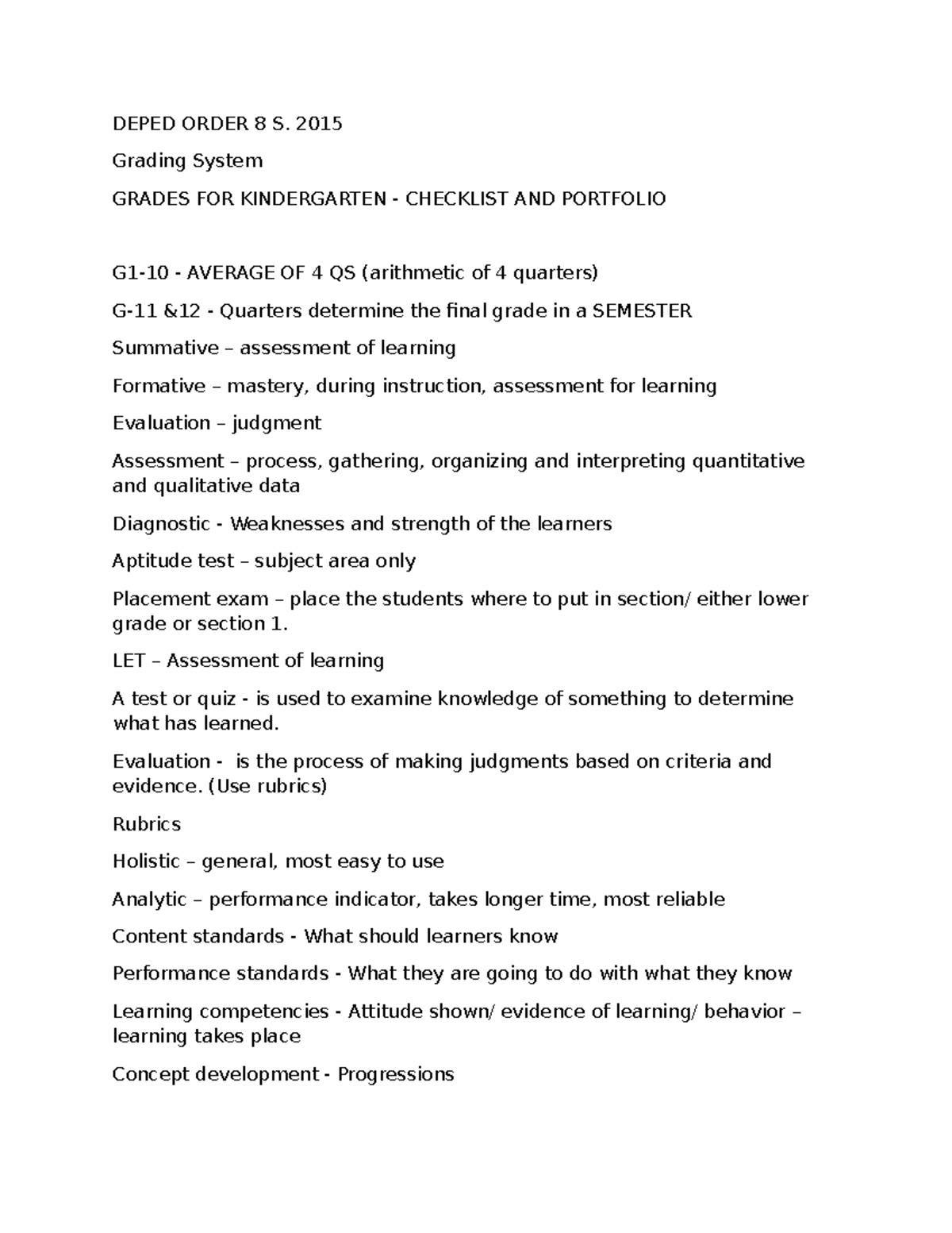 Professional Education - DEPED ORDER 8 S. 2015 Grading System GRADES ...