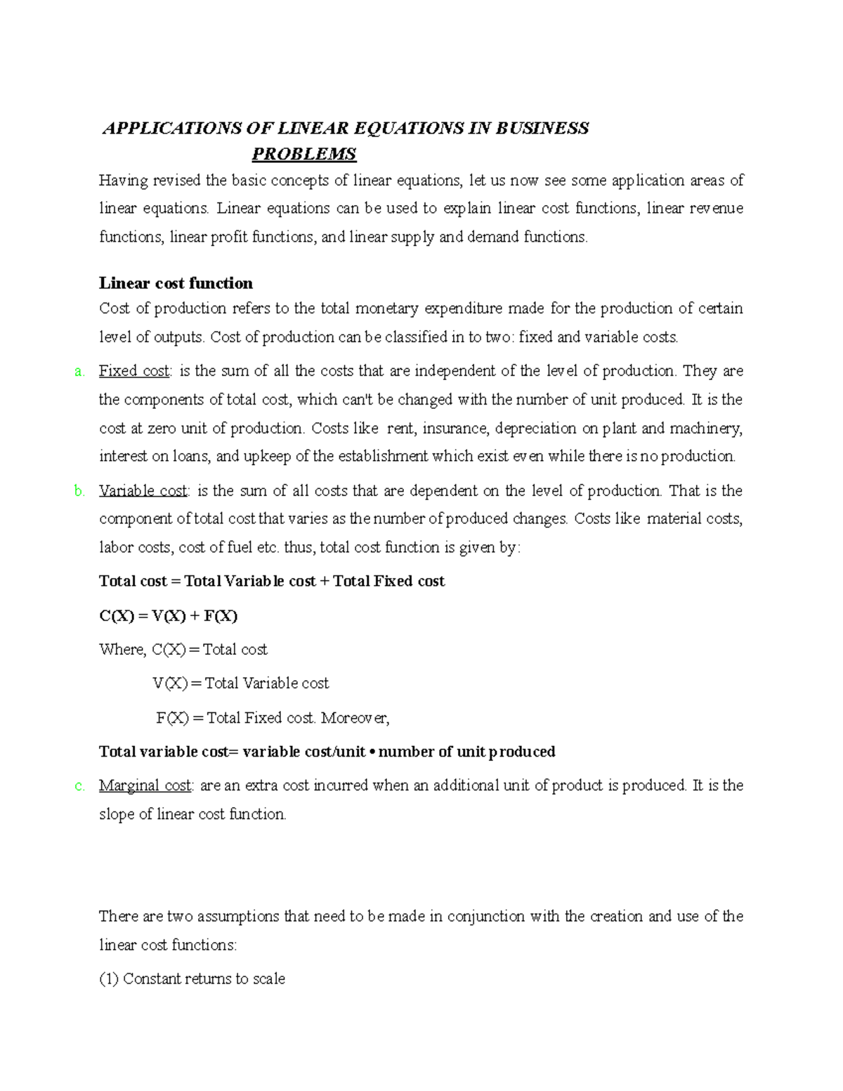 Applications OF Linear Equations IN Business - APPLICATIONS OF LINEAR ...