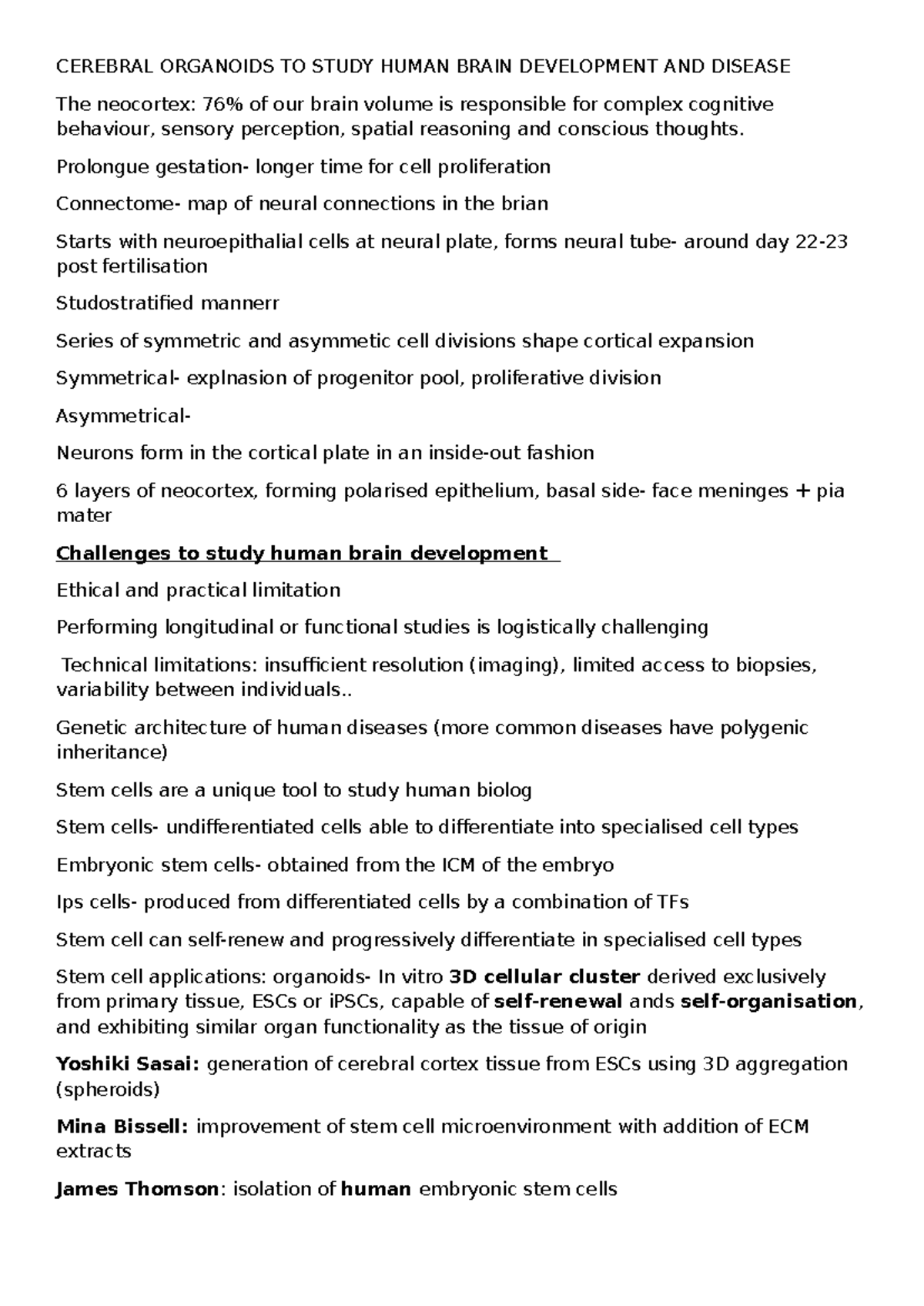 CEREBRAL ORGANOIDS: STUDYING HUMAN BRAIN DEV. & DISEASE (L4 Notes ...