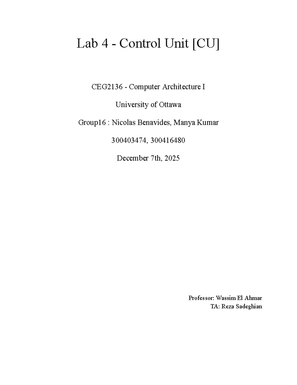 Lab 4 - Control Unit Design and Simulation CEG2136 Computer ...