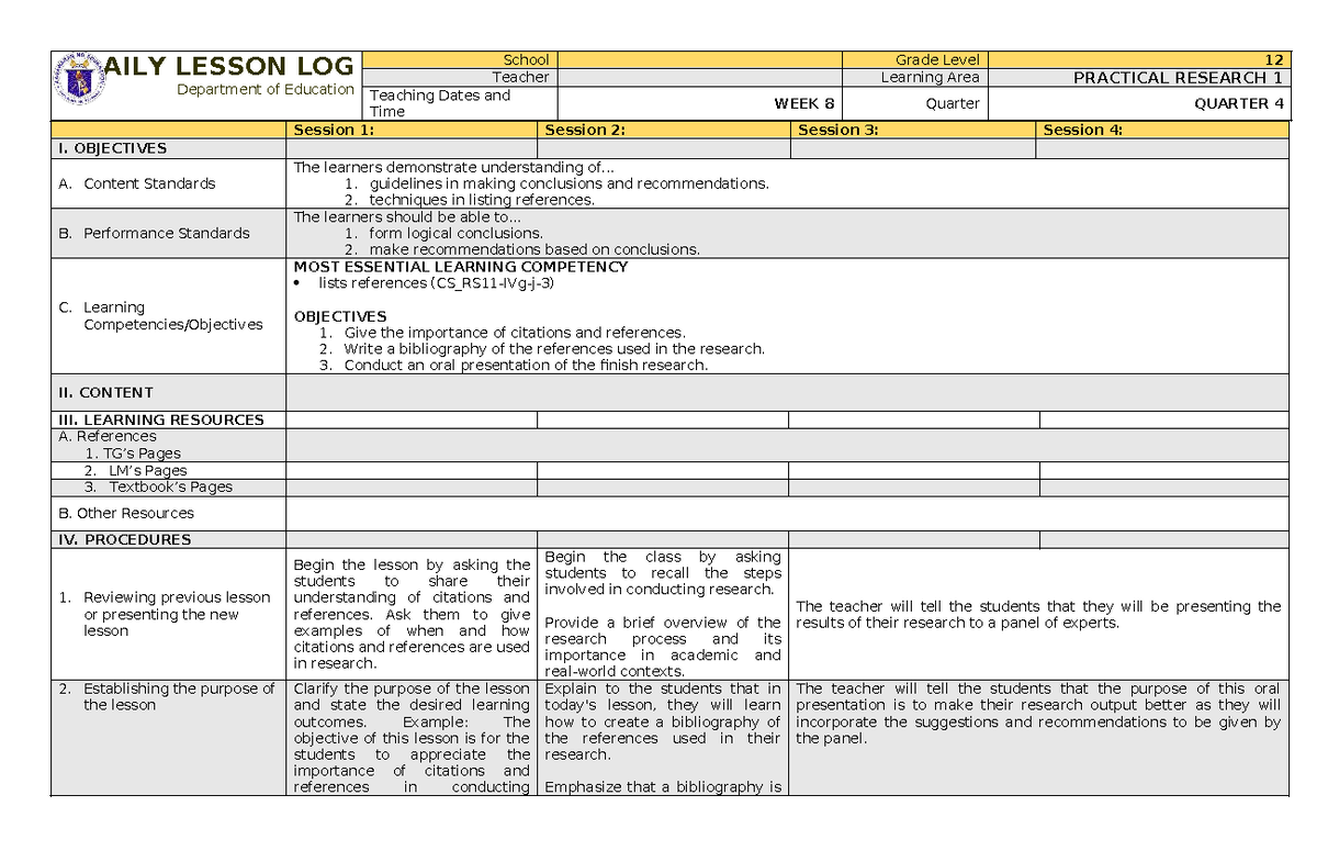 Practical Research 1: Daily Lesson Log for Quarter 4, Week 8 - Studocu
