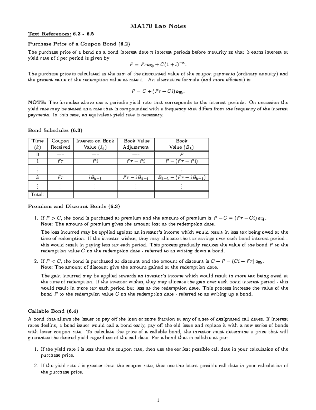 MA170 Lab Notes: Coupon Bonds & Callable Bonds Explained - Studocu