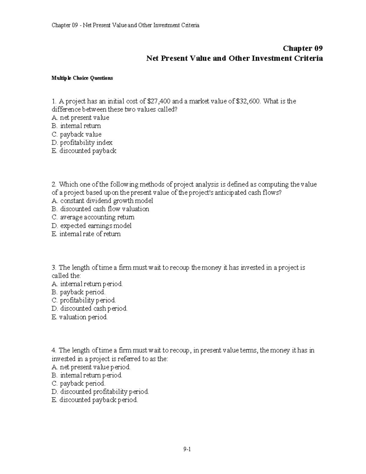 NPV - Testbank - Practice Questions for NPV Analysis - Studocu