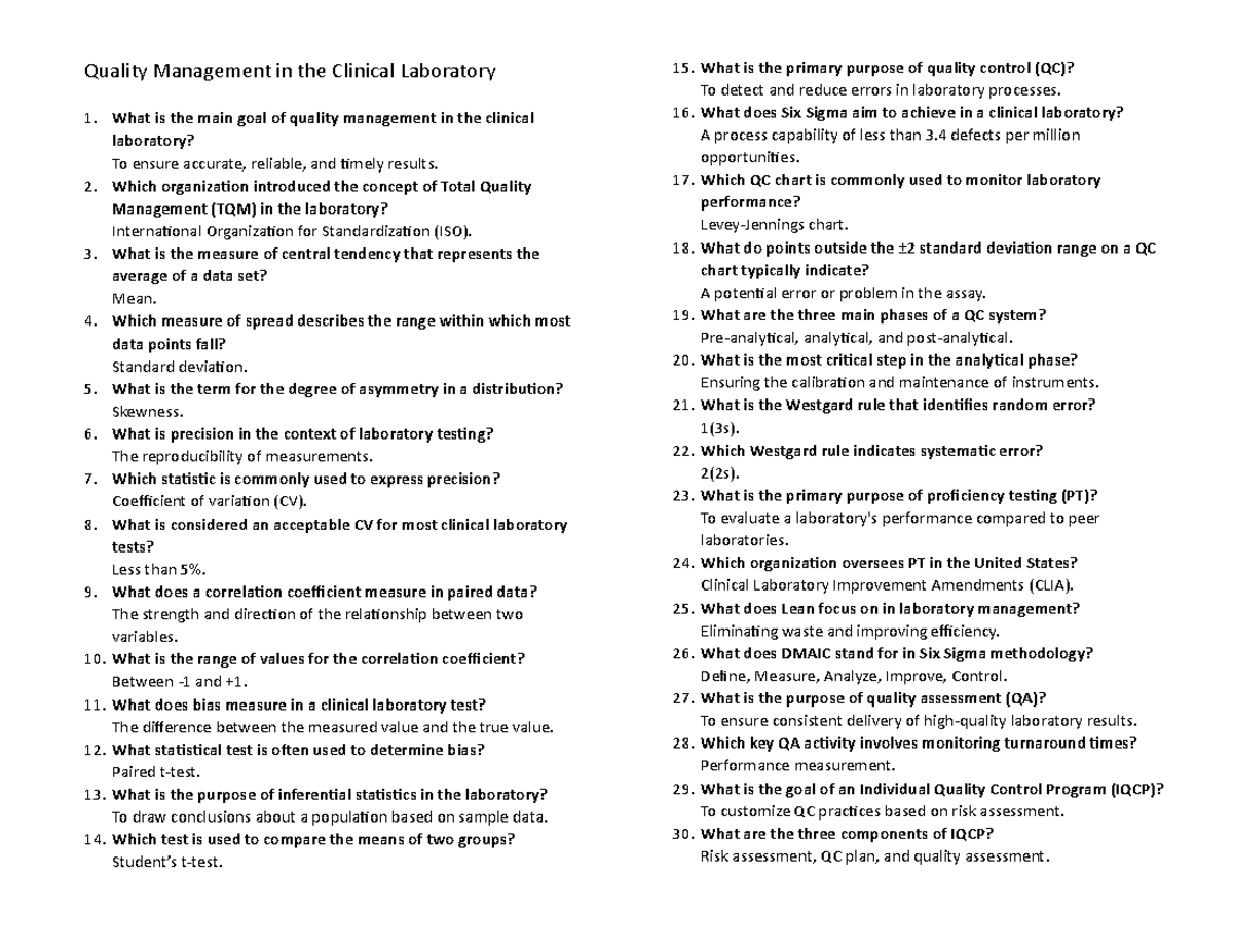 CC1 - Comprehensive Exam on Quality Management in Clinical Labs - Studocu