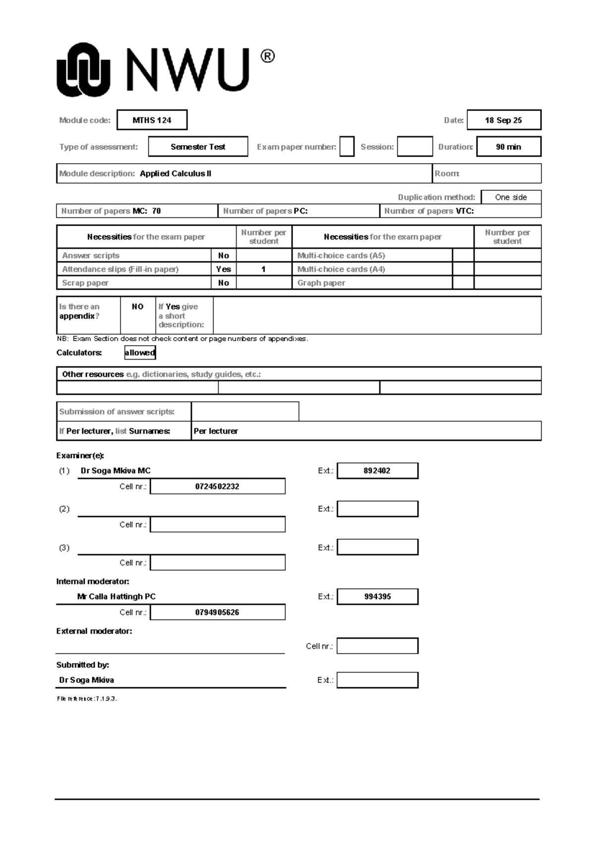 MTHS 124: Semester Test 2025 - Applied Calculus II Exam Paper - Studocu