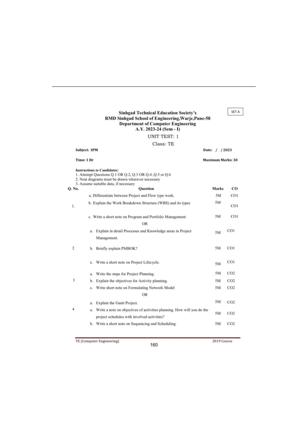SPM Unit Test 1 - TE (Computer Engineering) A.Y. 2023 - Studocu
