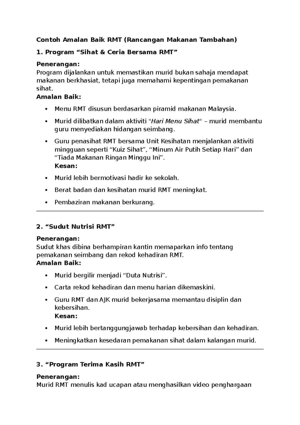 Laporan Amalan Baik RMT di SK Kituntul: Pemakanan Sihat Murid - Studocu