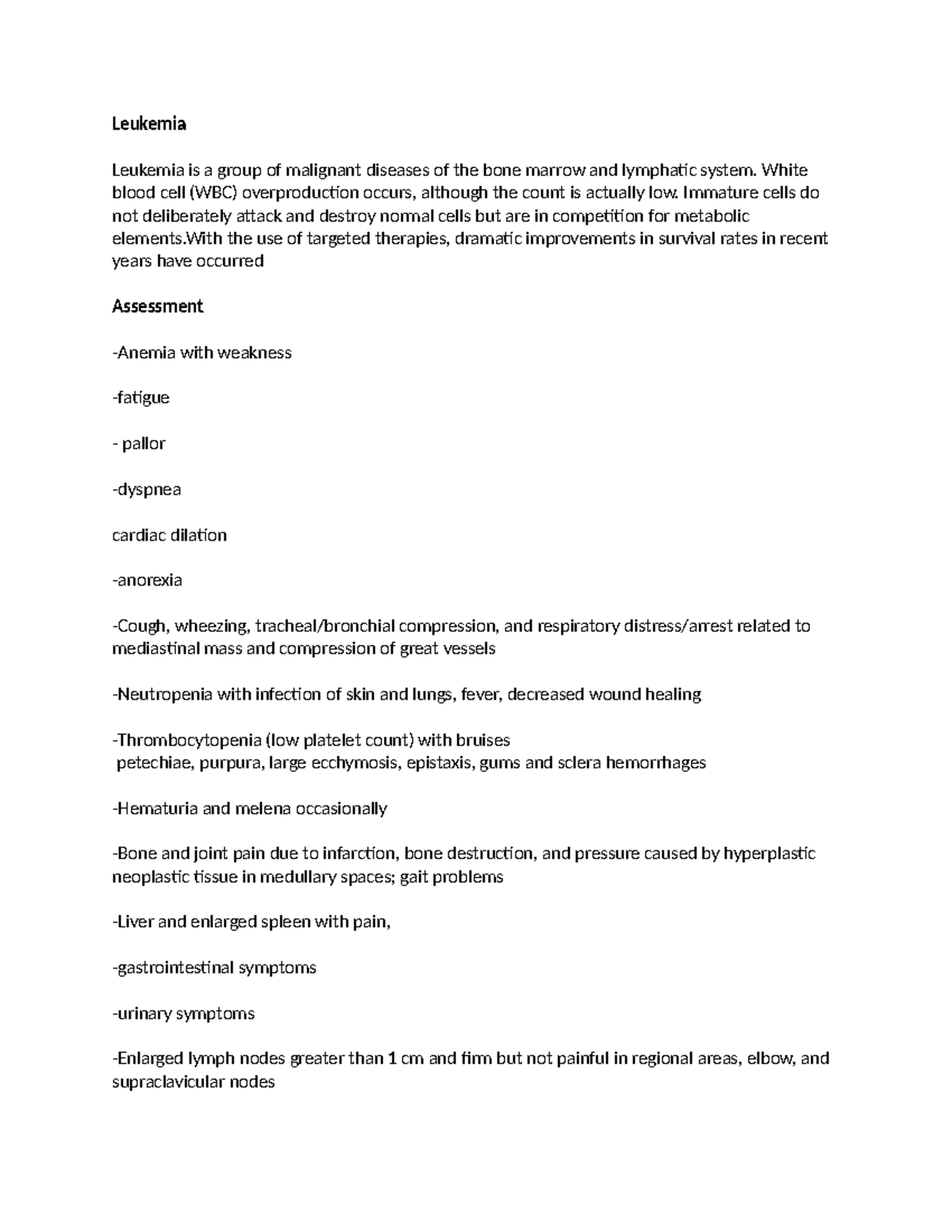 Leukemia - Unti 3 exam notes - Leukemia Leukemia is a group of ...