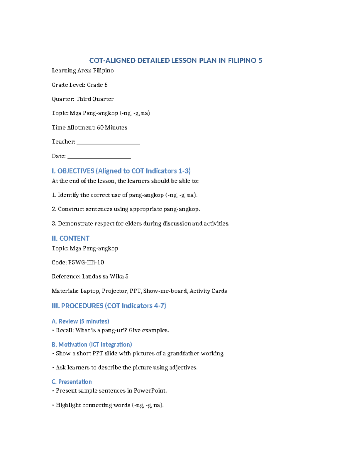 COT Aligned Detailed Lesson Plan for Filipino 5: Third Quarter - Studocu