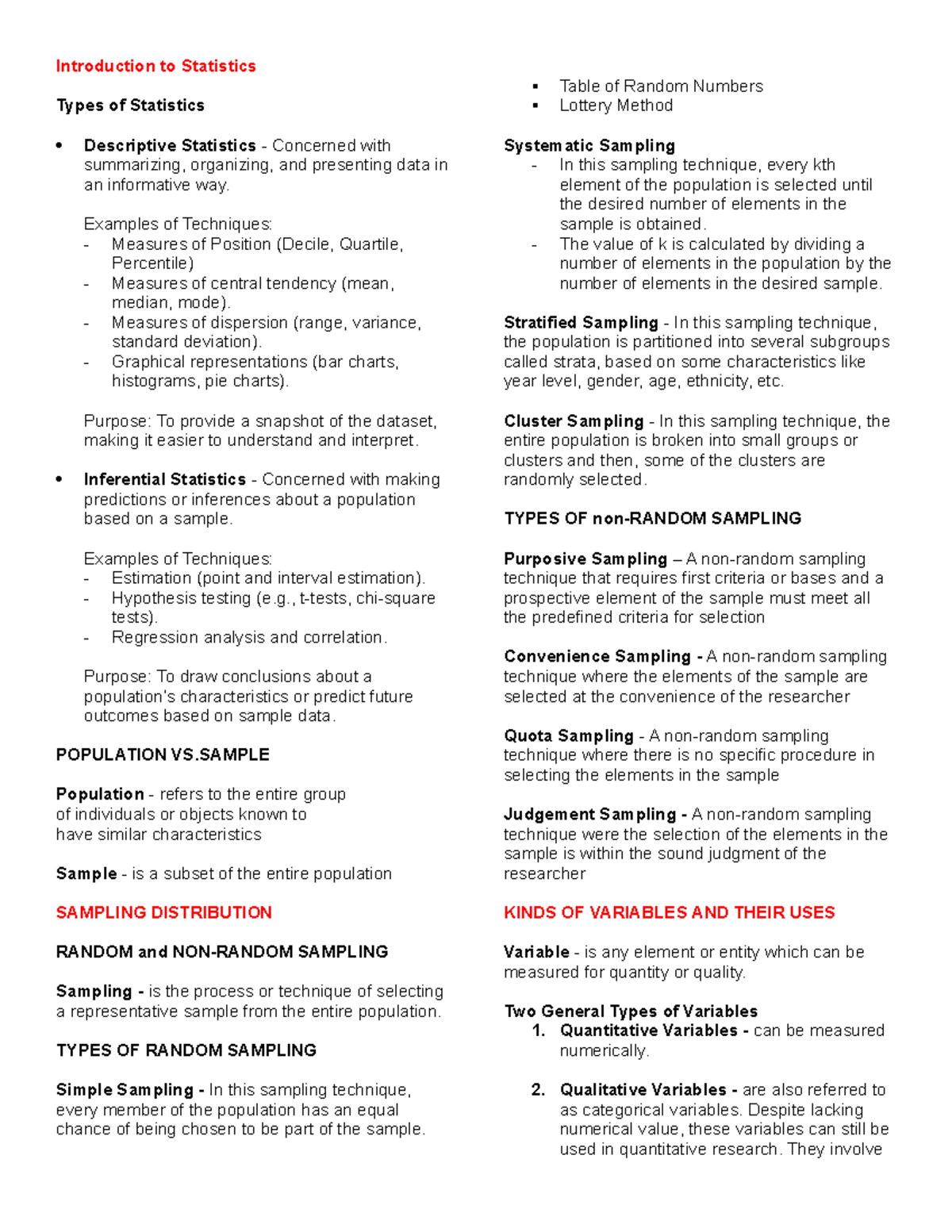 Statistic- Reviewer - Introduction to Statistics Types of Statistics ...