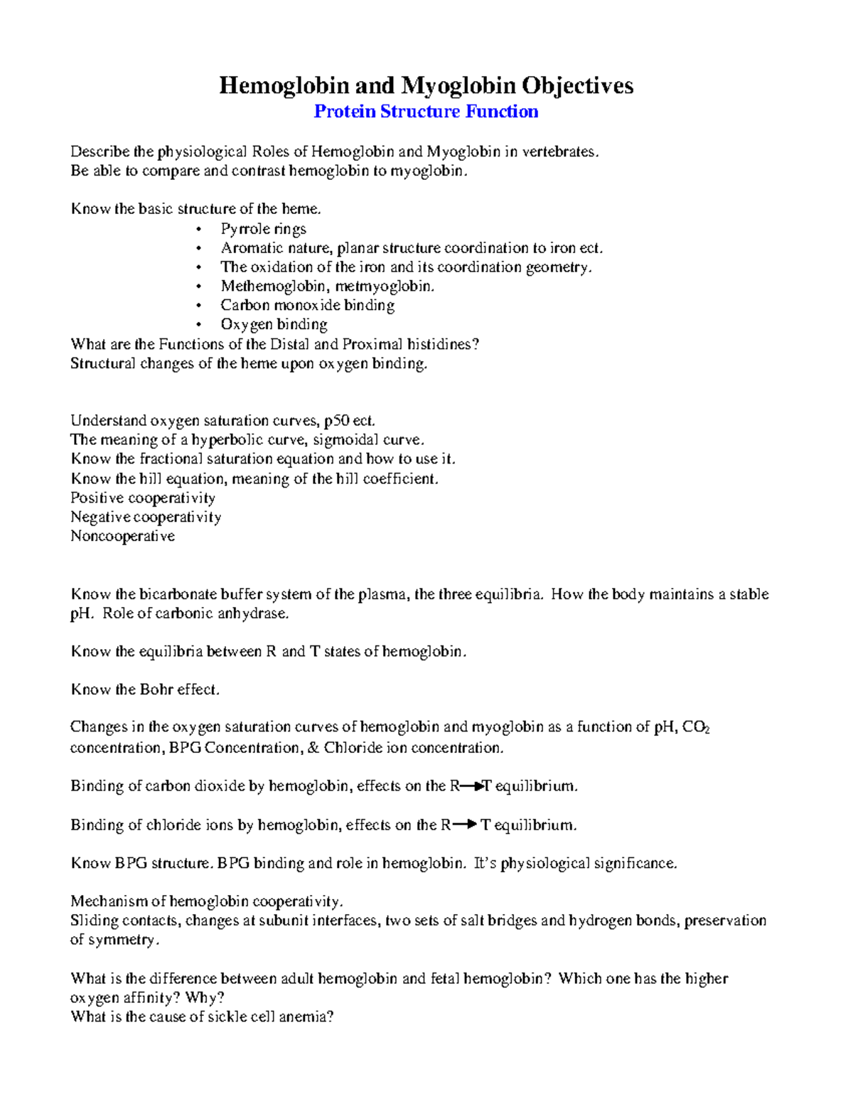 Hemoglobin and Myoglobin: Structure, Function, and Physiology (BIO