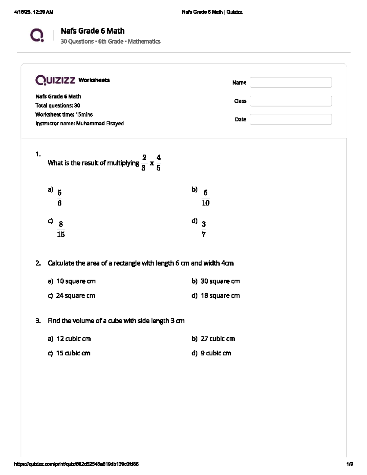 Nafs Grade 6 Math I Quizizz - 30 Questions Worksheet Review - Studocu