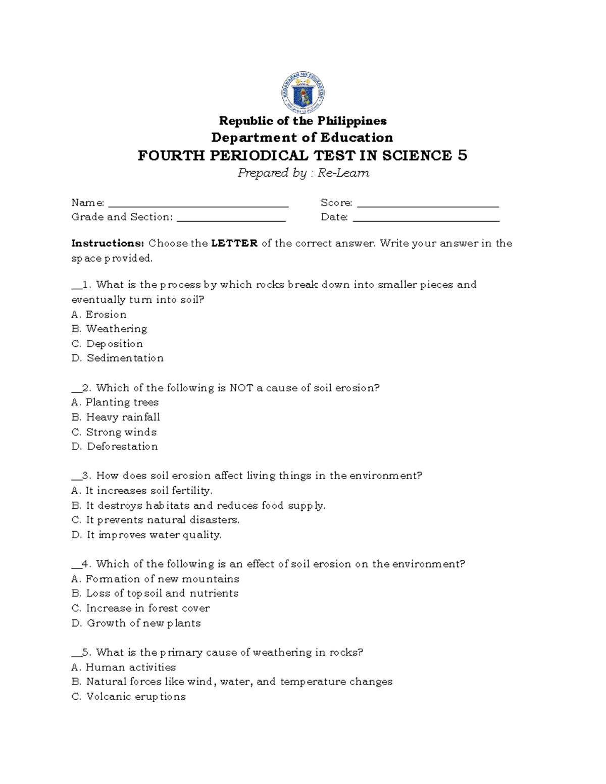 Fourth Periodical Test in Science 5 (Q4) - Re-Learn - Studocu